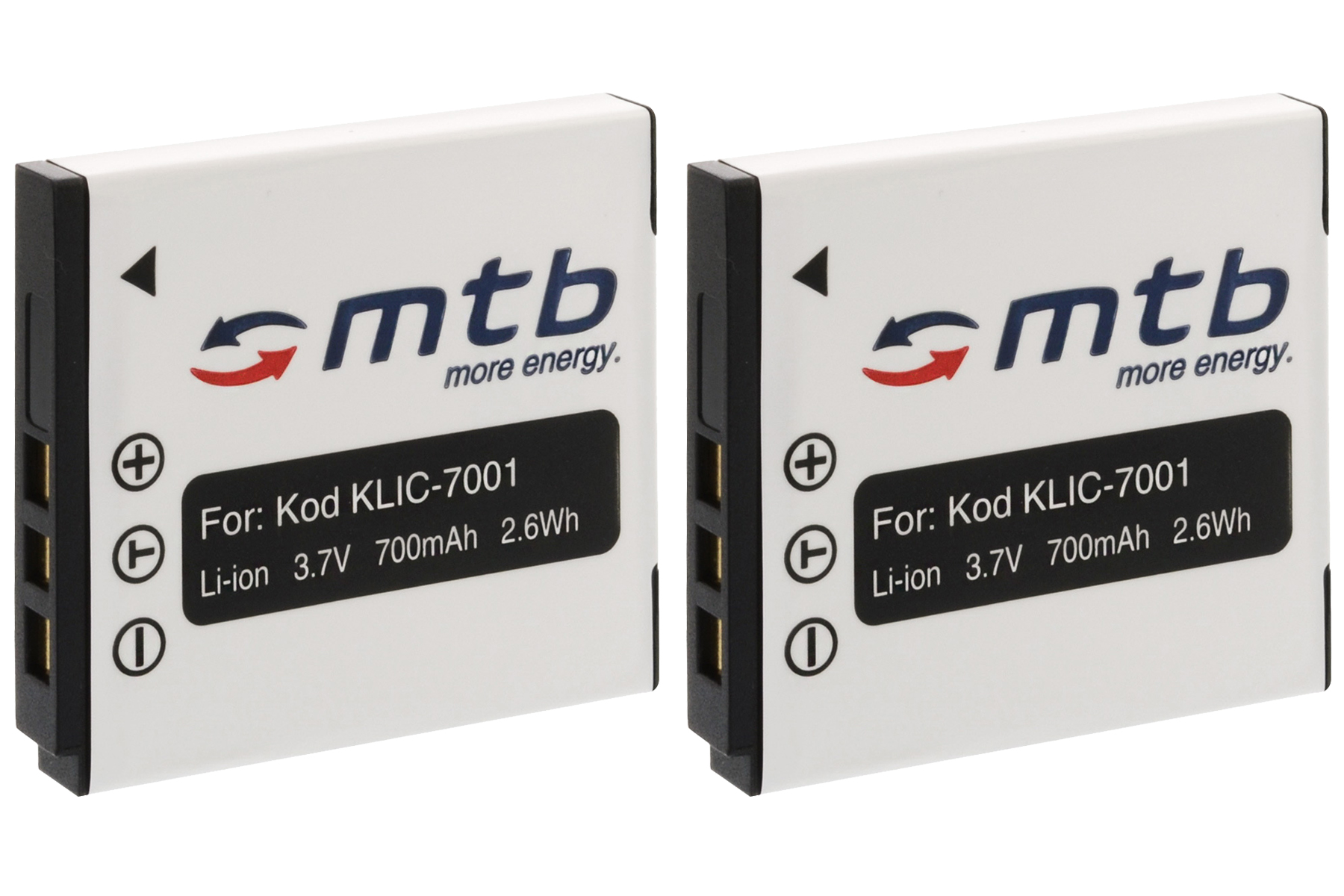 Zwei weiße Batterien. Mit Text: For Kod Klic-7001 Li-ion 3.7V 700mAh 2.6Wh.