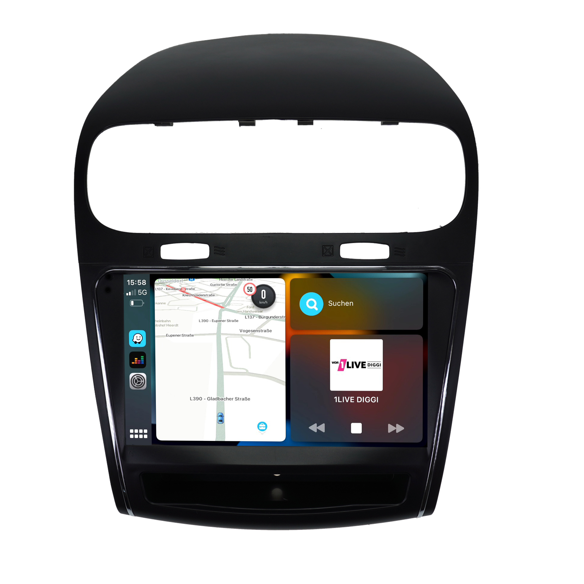 Ein Autoradio-Display mit schwarzem Rahmen. Zeigt eine Karte und App-Symbole auf dem Bildschirm.