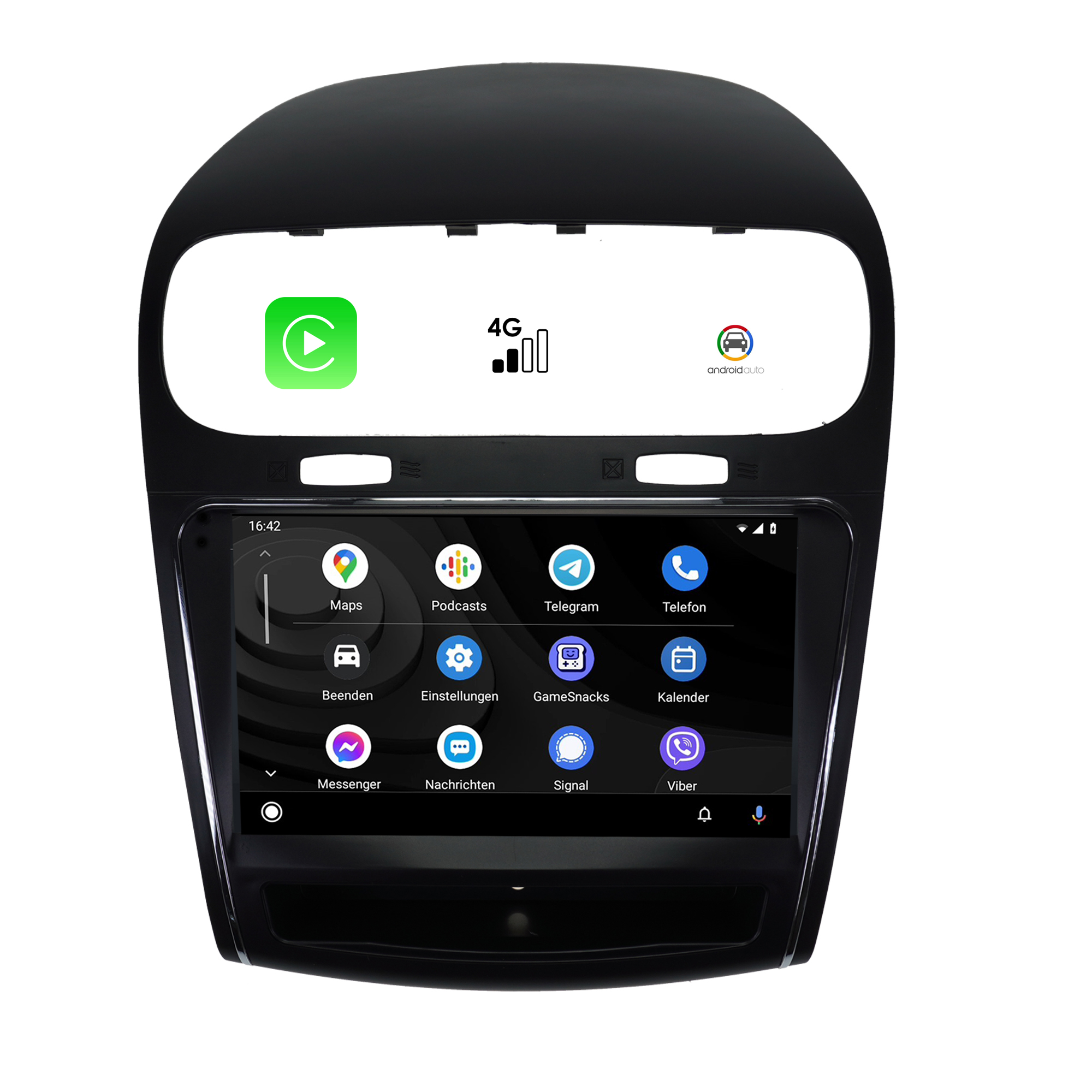 Auto-Multimedia-System mit Touchscreen, der verschiedene App-Symbole anzeigt, schwarzes Panel.