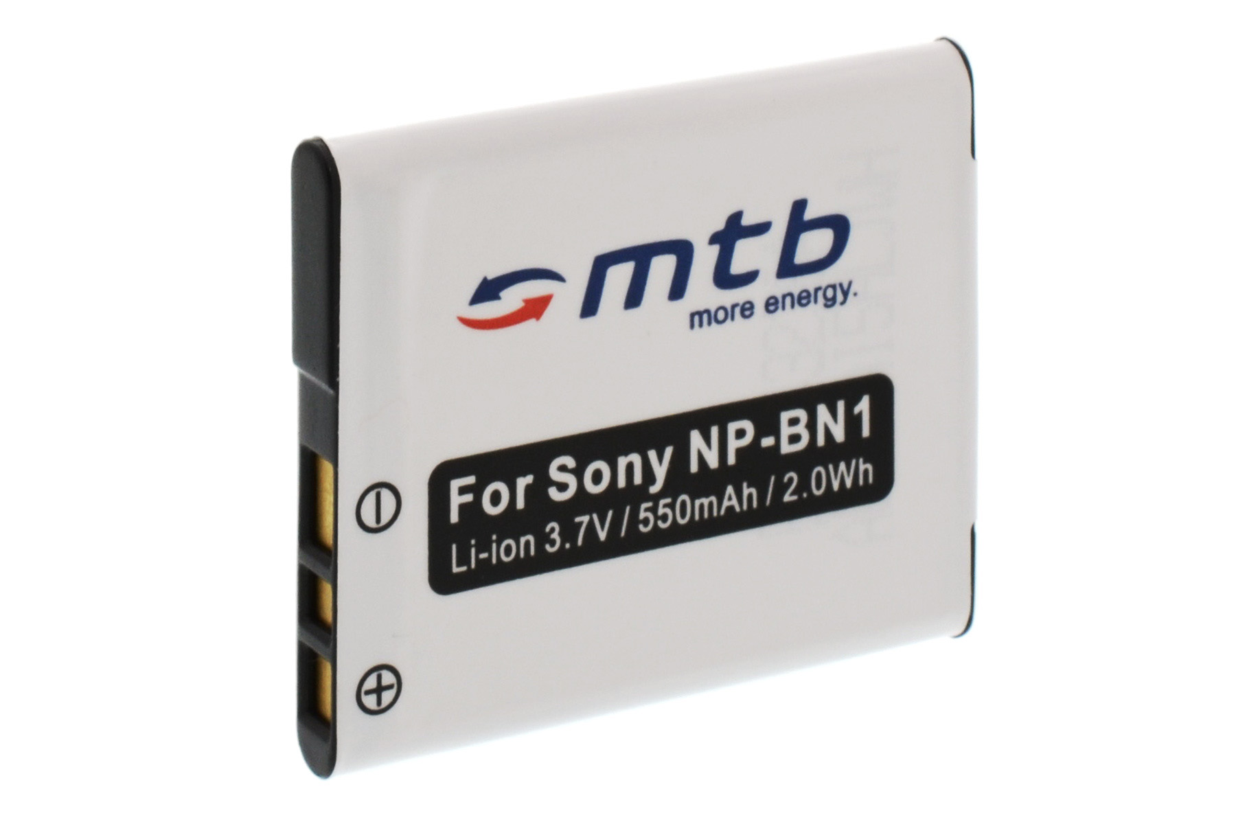 Weiße Batterie mit der Aufschrift 'For Sony NP-BN1' mit Text und Pfeilen. Isoliert auf Weiß.