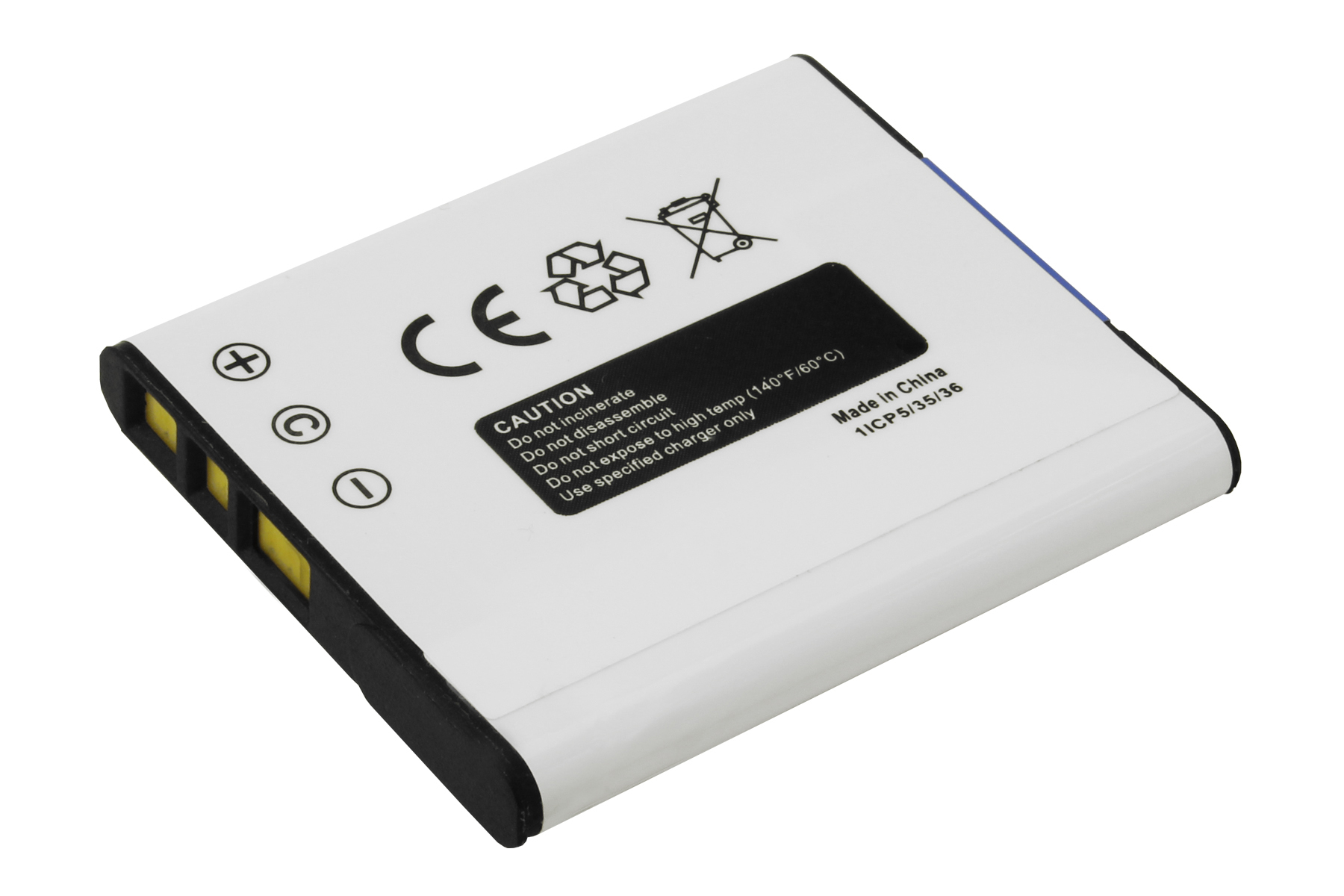 Weiße Batterie mit Symbolen und Text, einschließlich CE-Zeichen.