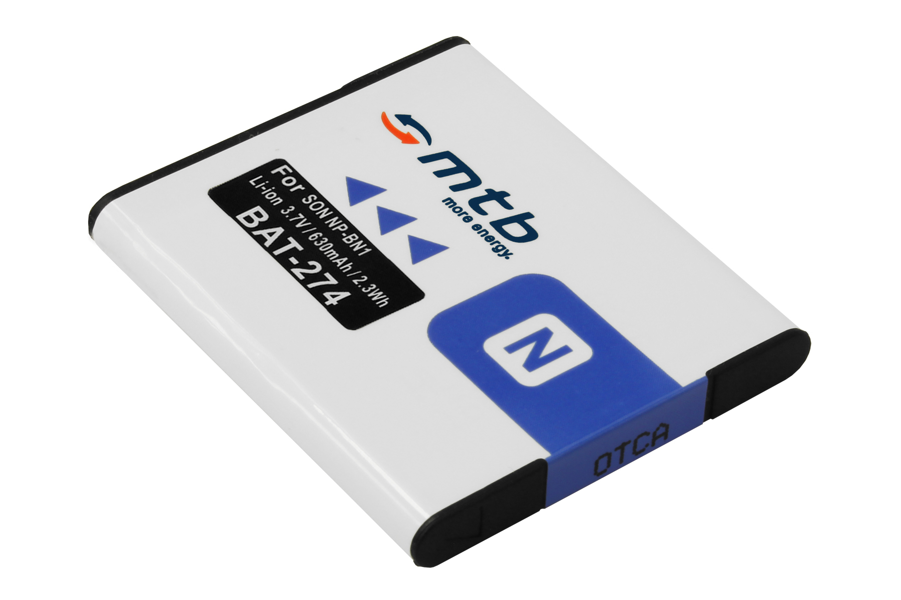 Weiß-blauer Laptop-Akku mit Text und Logo auf weißem Hintergrund.