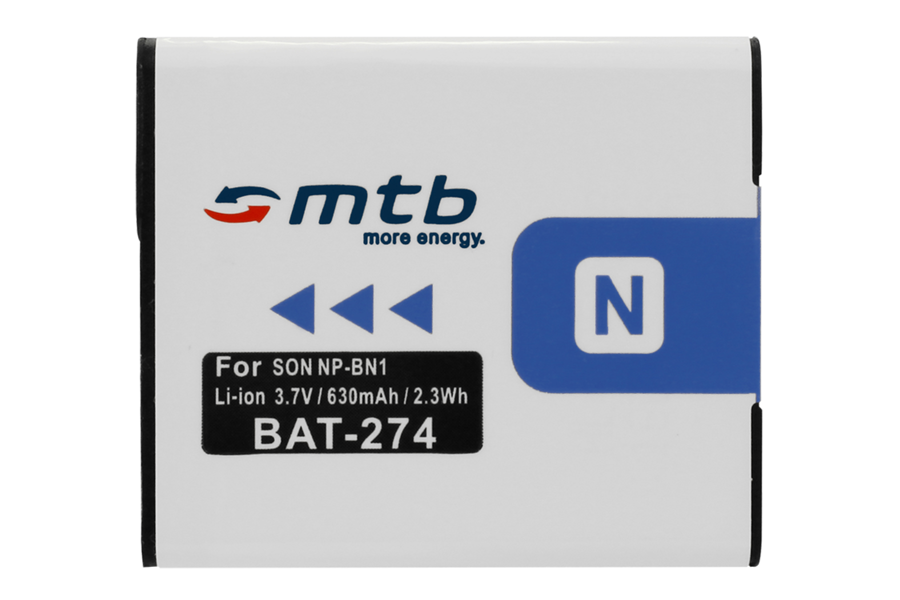 Ein weißes und blaues Akku-Pack mit Text. Der Text lautet 'mtb more energy' und 'For SON NP-BN1'.