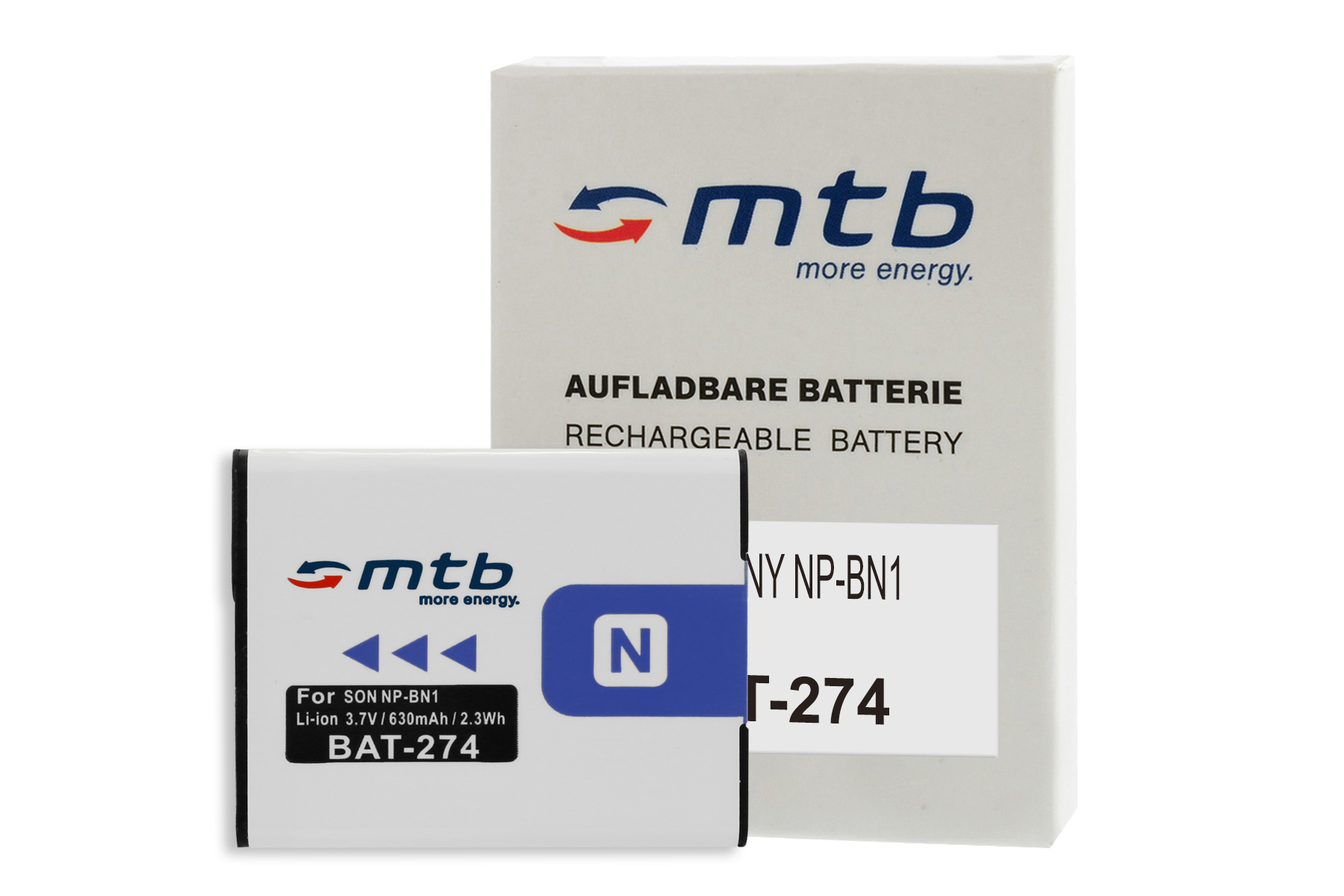 Eine Batterie und eine Schachtel mit Text auf Deutsch. Die Batterie ist beschriftet.