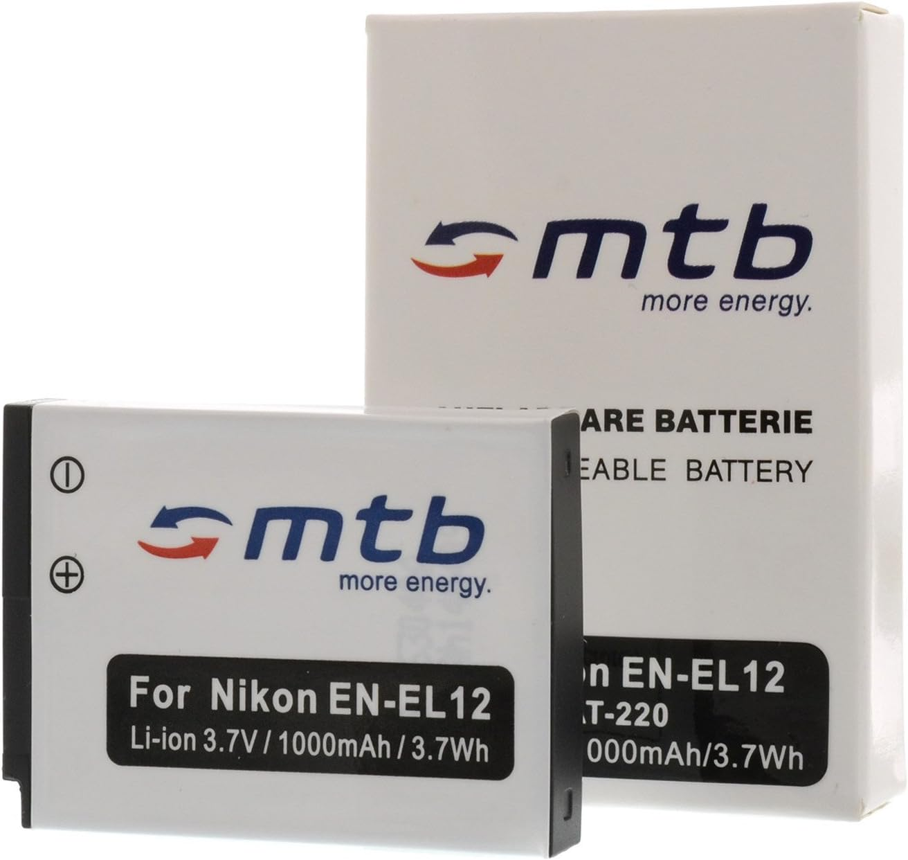 Zwei weiße Batteriekästen mit blau-schwarzen Logos. Text lautet 'mtb more energy' und 'Nikon EN-EL12'.