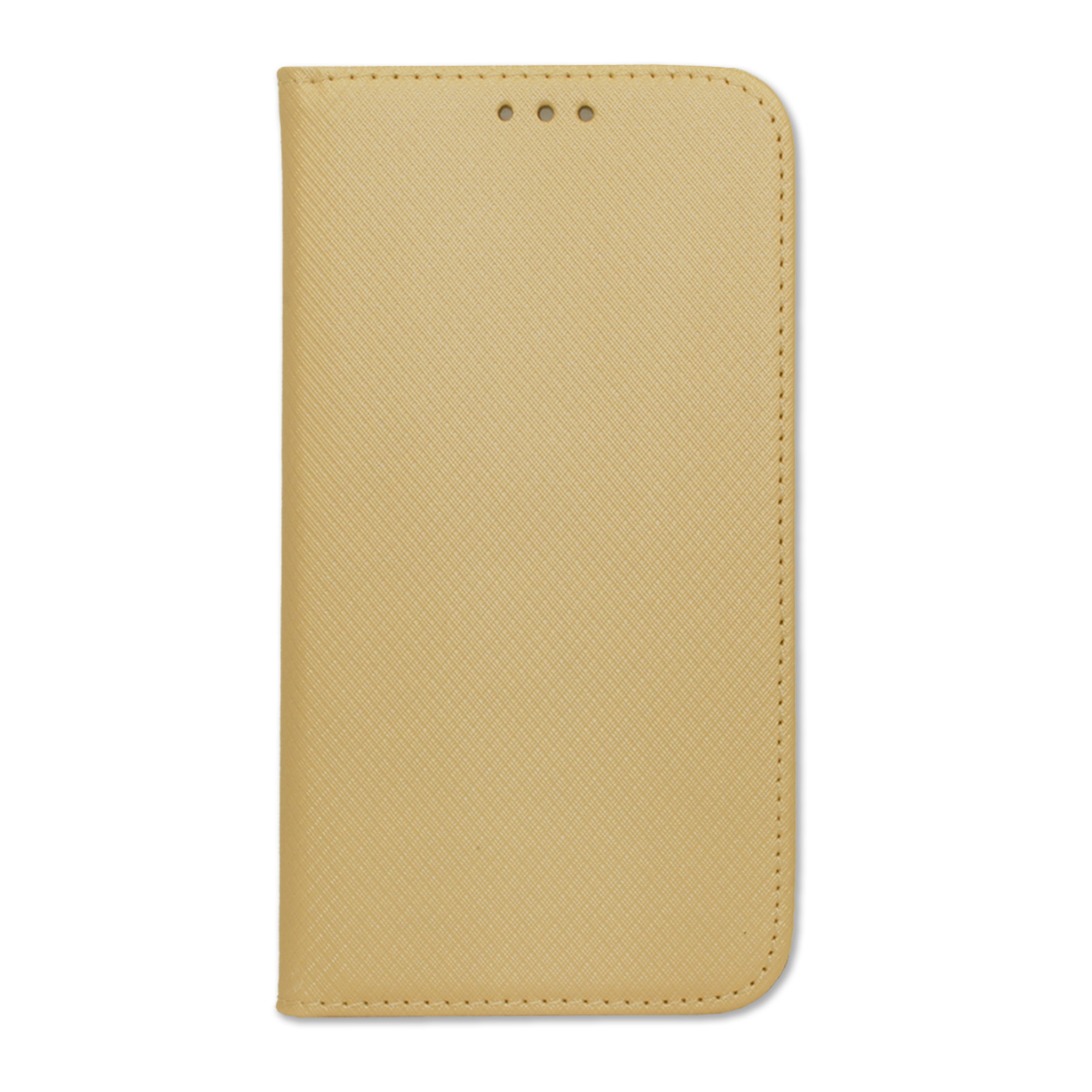Eine beige Handyhülle mit strukturiertem Muster, weißer Hintergrund.