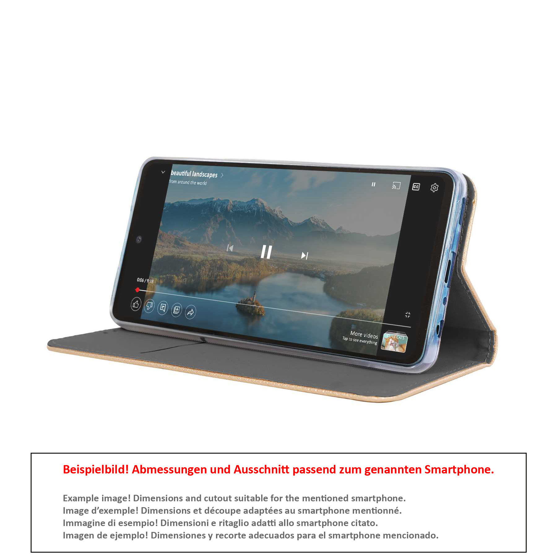 Ein Telefon in einer Hülle ist geöffnet und zeigt ein Video auf dem Bildschirm. Text unten.