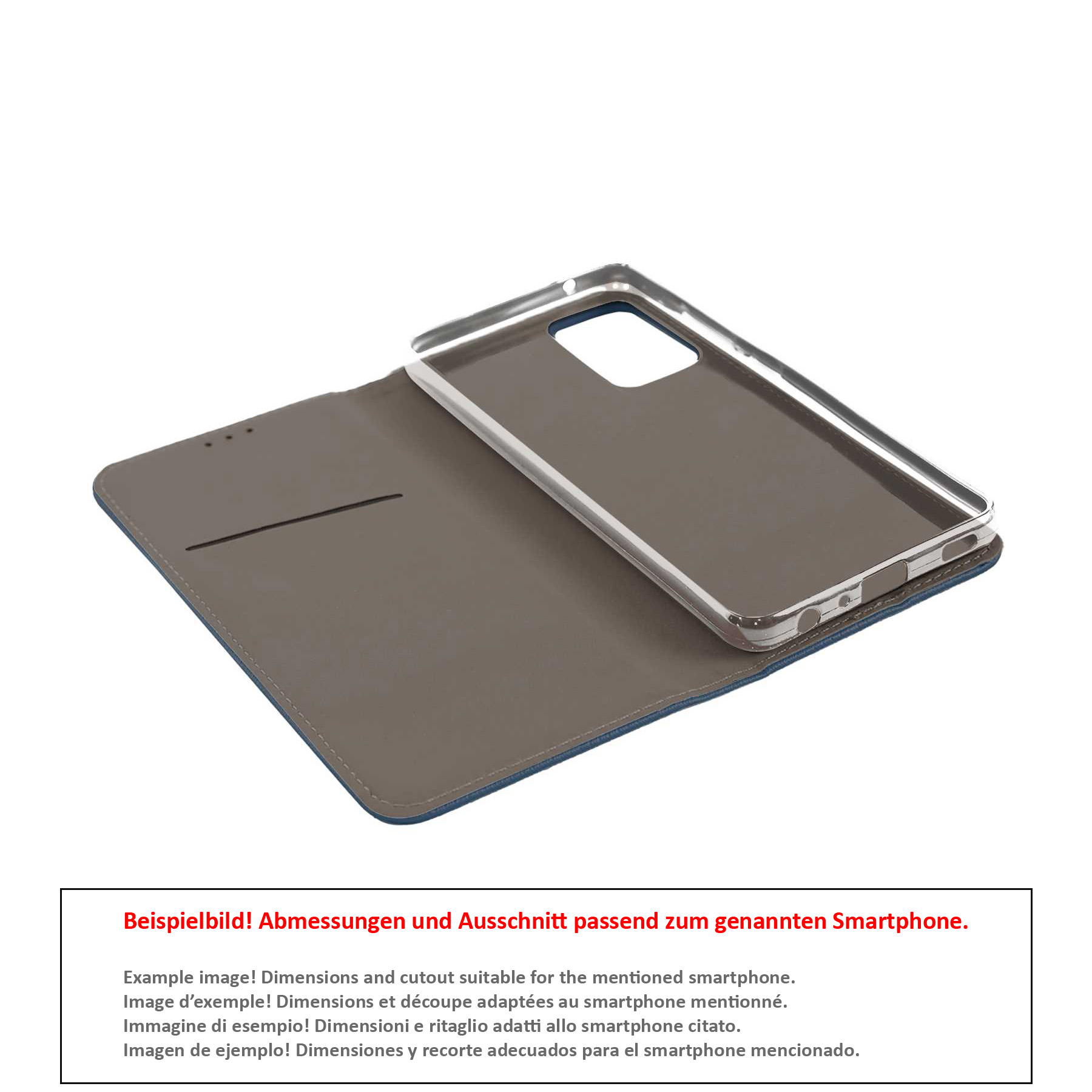 Geöffnete Handyhülle mit transparentem Handyhalter auf blau-grauer Oberfläche.