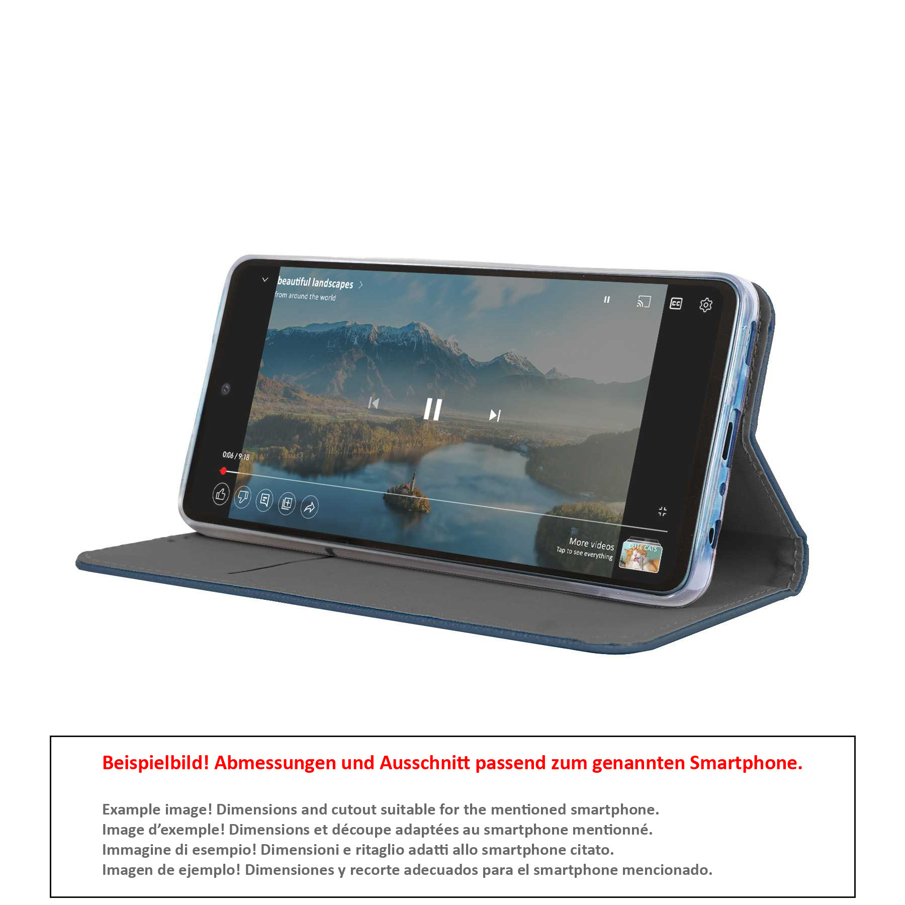 Ein Telefon in einer blauen Hülle ist geöffnet und zeigt ein Video auf dem Bildschirm. Text unten.