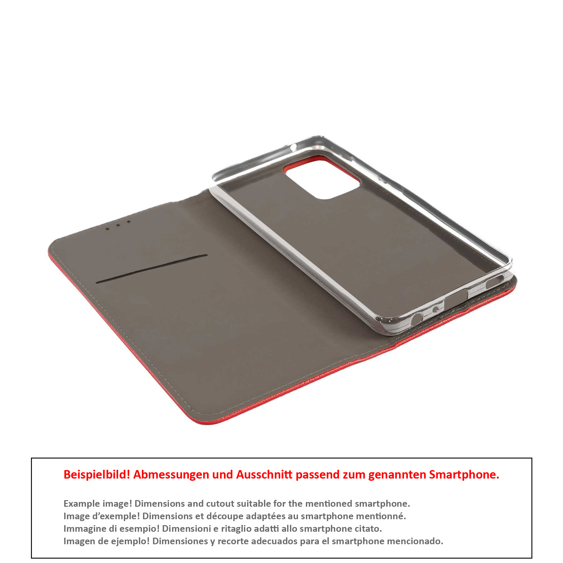 Geöffnete rote Handyhülle mit Handy. Das Handy ist in einer transparenten Hülle.