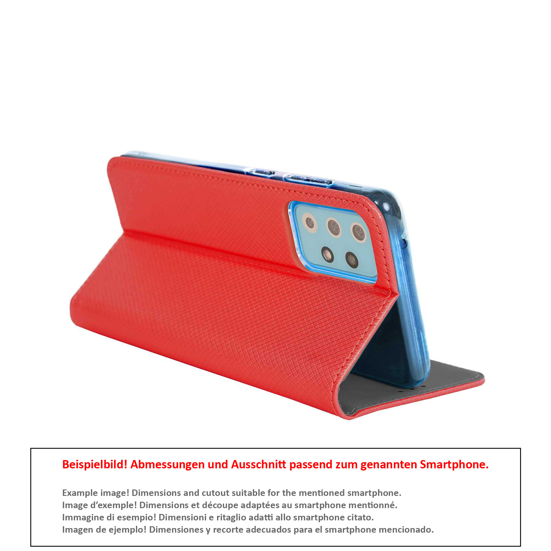 Telefon in roter Hülle, geöffnet und angewinkelt. Das Telefon hat eine blaue Rückseite und Kamera.