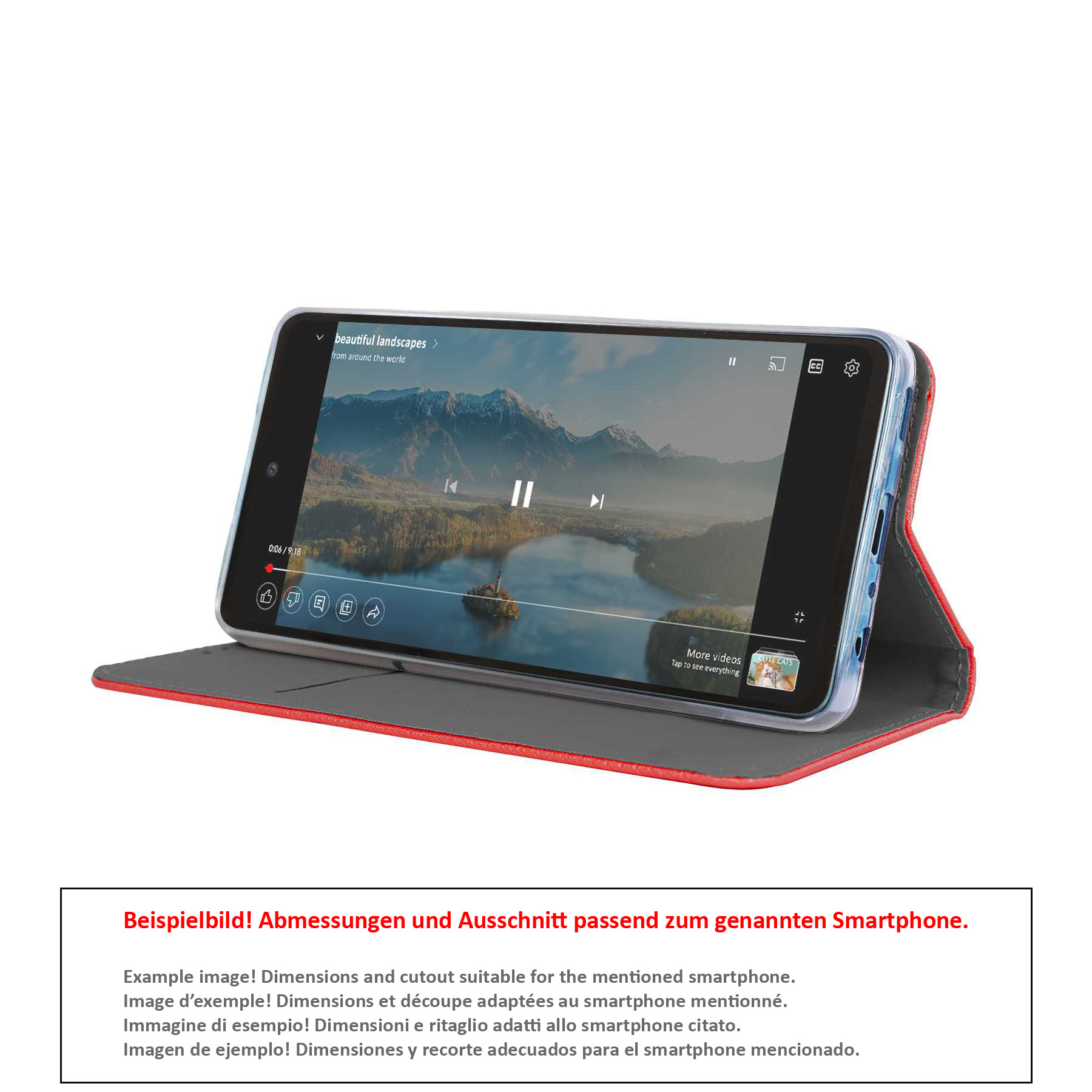 Geöffnete Handyhülle. Ein Telefon in einer Hülle, das ein Video abspielt. Roter Innenraum.