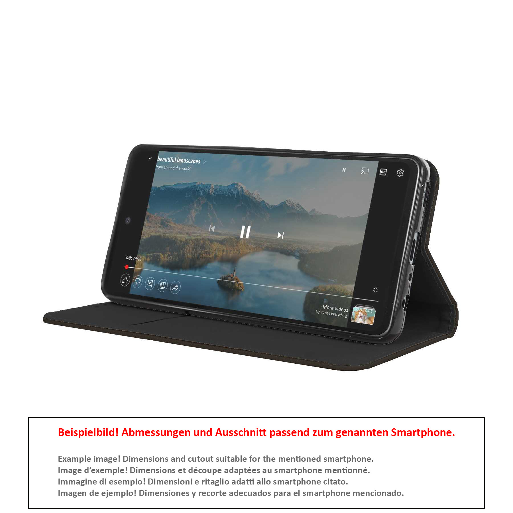 Telefon spielt Video, geöffnet und angewinkelt. Der Bildschirm zeigt Videosteuerung und Landschaft.