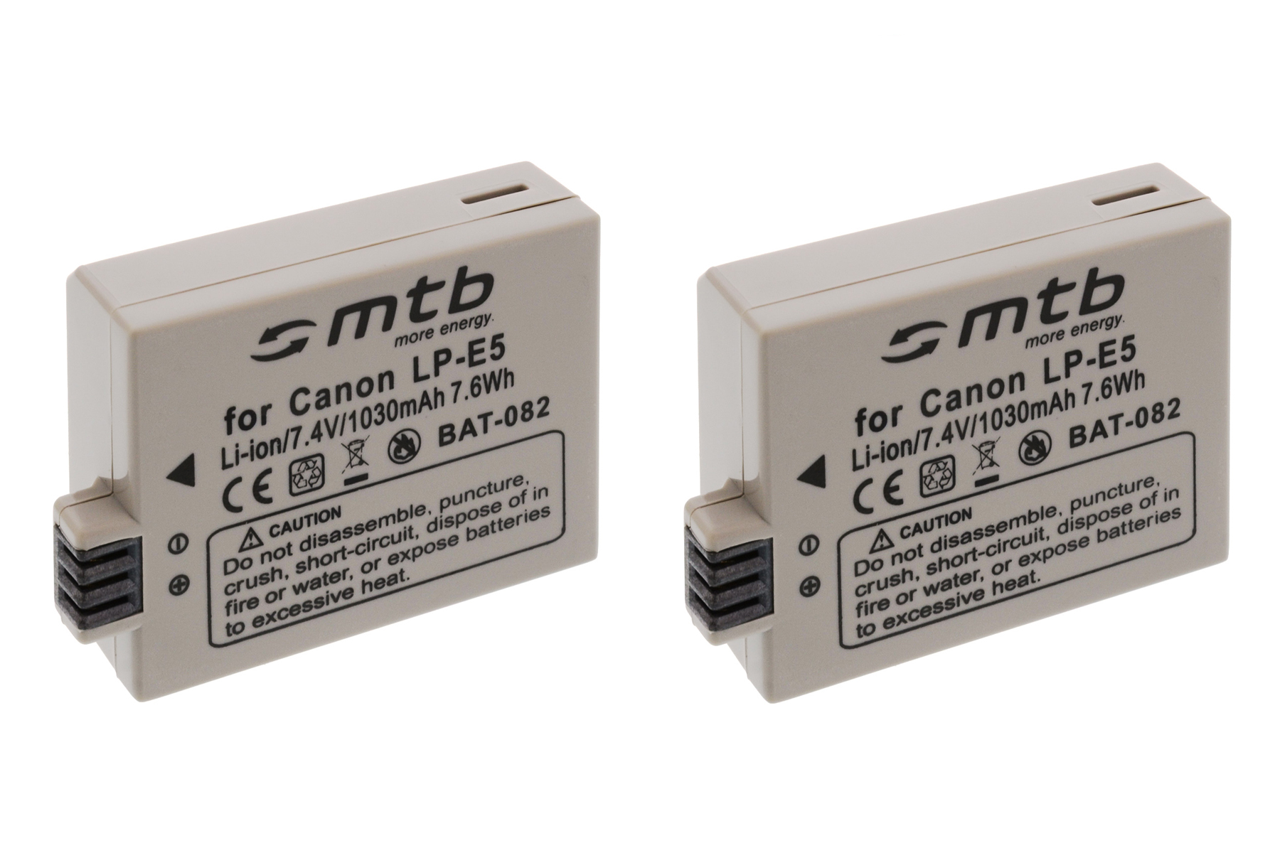 Zwei graue Batterien mit der Aufschrift 'for Canon LP-E5' mit Text und Symbolen. Isoliert.