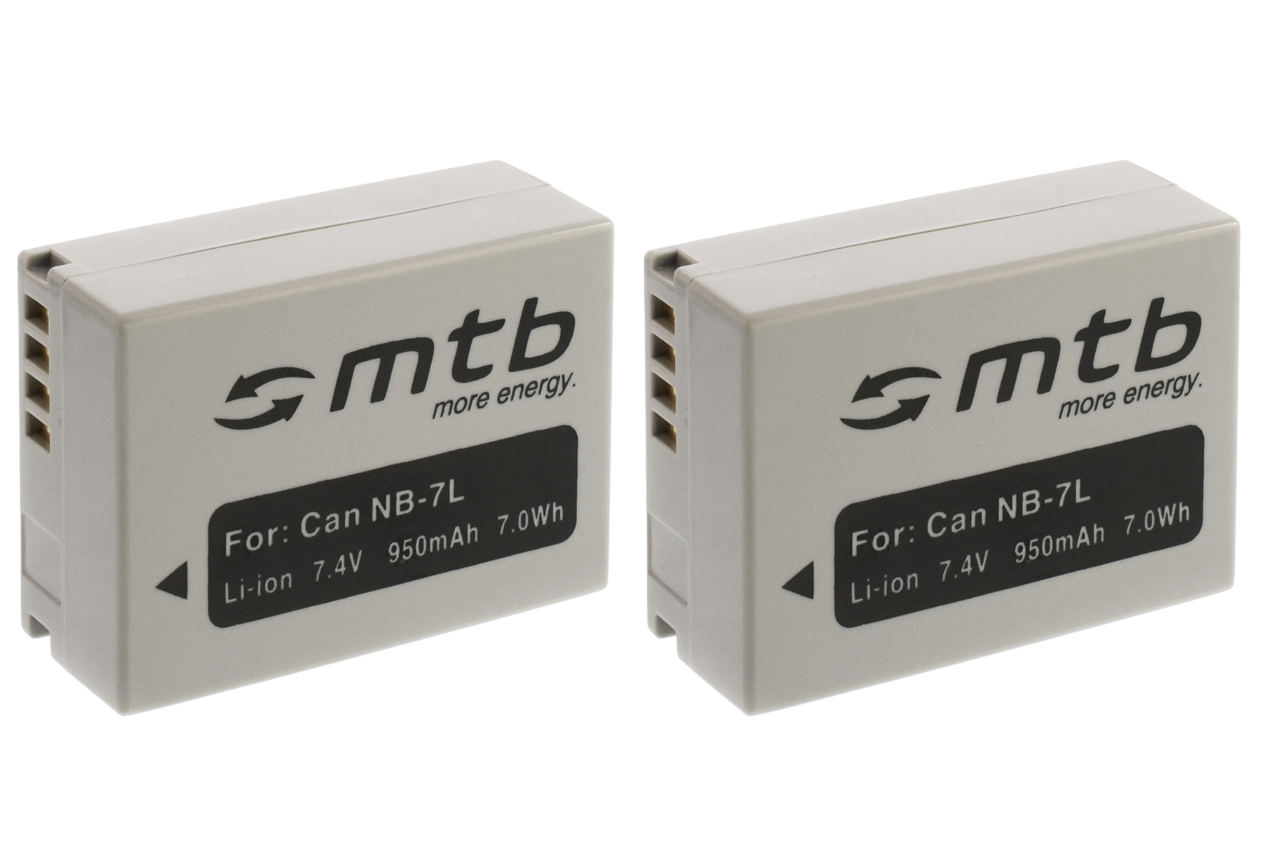 Zwei graue Batterien, weißer Hintergrund. Text: For Can NB-7L, Li-ion 7,4 V.