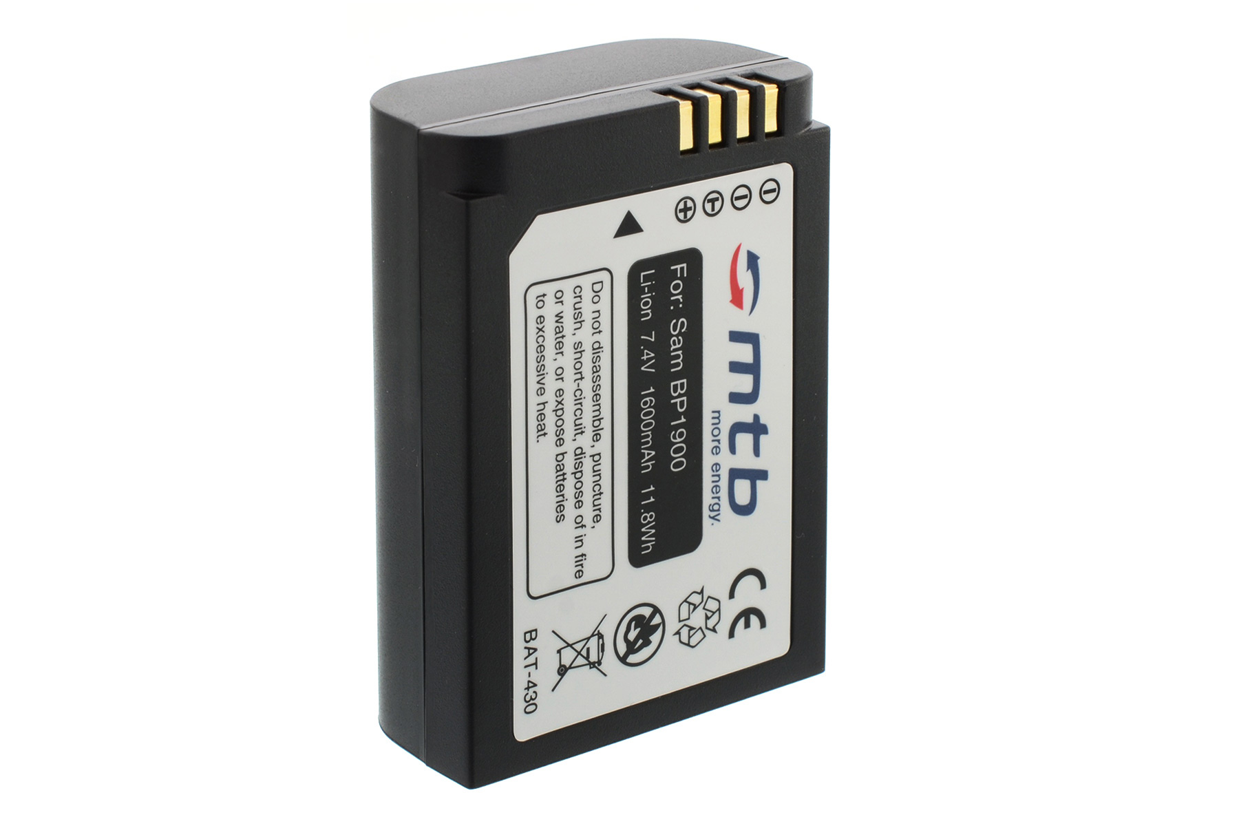 Eine schwarz-graue Batterie mit weißem Etikett mit 'For Sam' und Text.