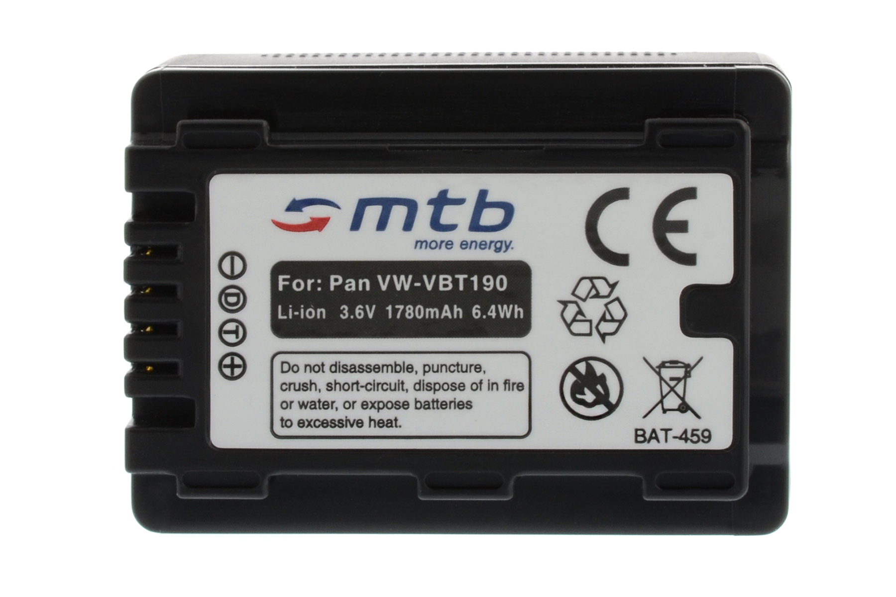 Eine schwarze Batterie mit weißem Text und Symbolen, einschließlich eines Recyclingsymbols.