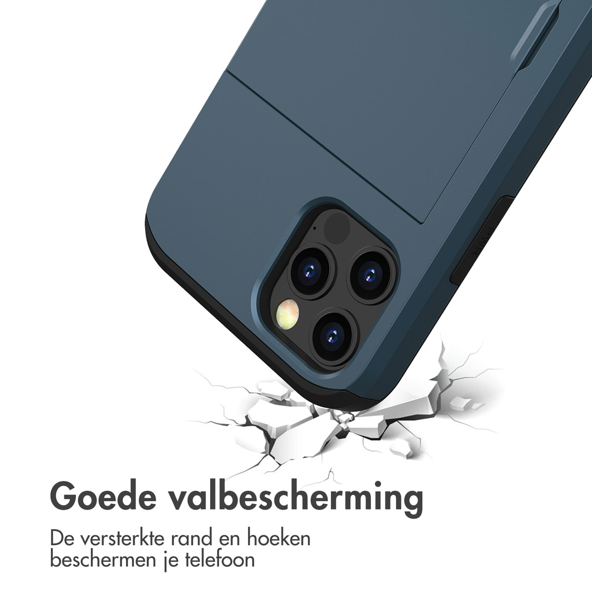 Une coque de téléphone bleu foncé avec une fente pour carte. La coque est sur une surface blanche.