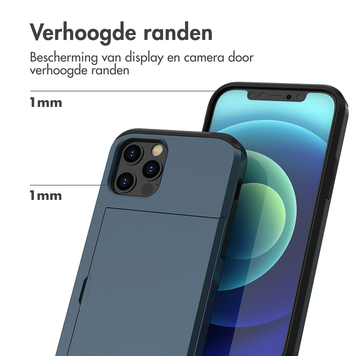 Coque de téléphone avec téléphone à l'intérieur. Texte : Bords surélevés. Le téléphone est bleu.