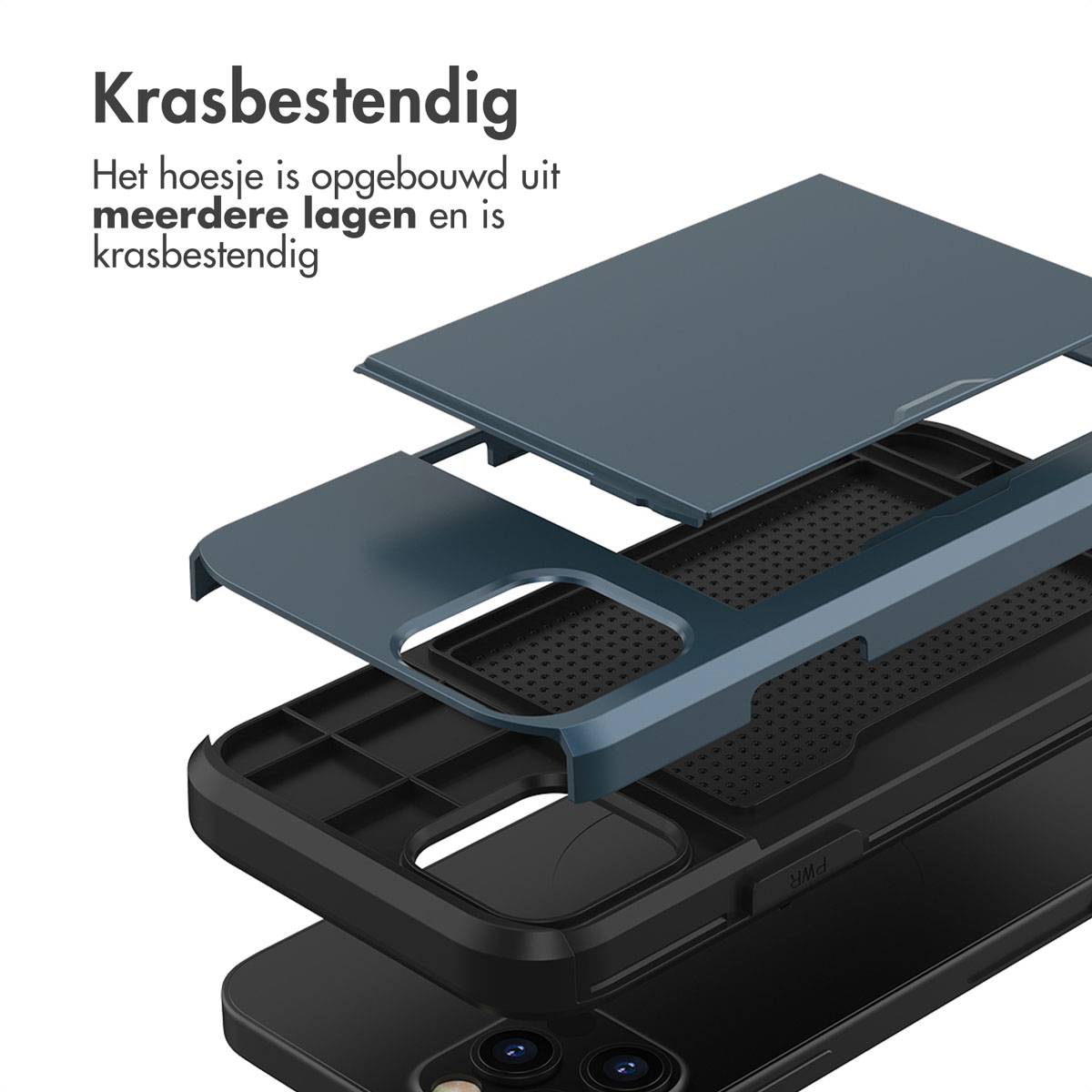 Vue éclatée d'une coque de téléphone montrant les couches. Couvercle bleu, cadre noir et le téléphone.