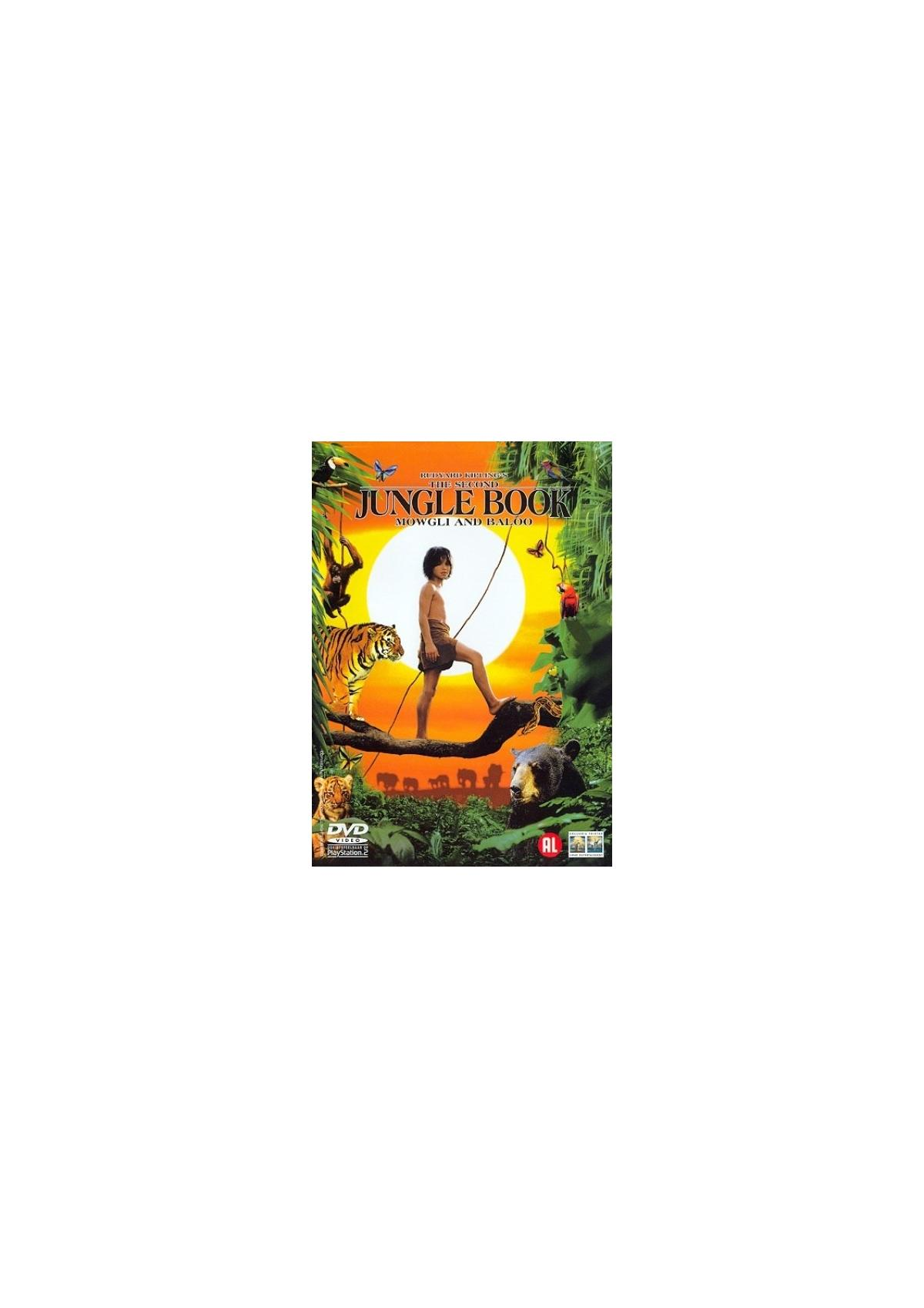Couverture du DVD du Livre de la Jungle. Un garçon se tient sur une bûche dans une scène de jungle avec un tigre, un ours et d'autres animaux.