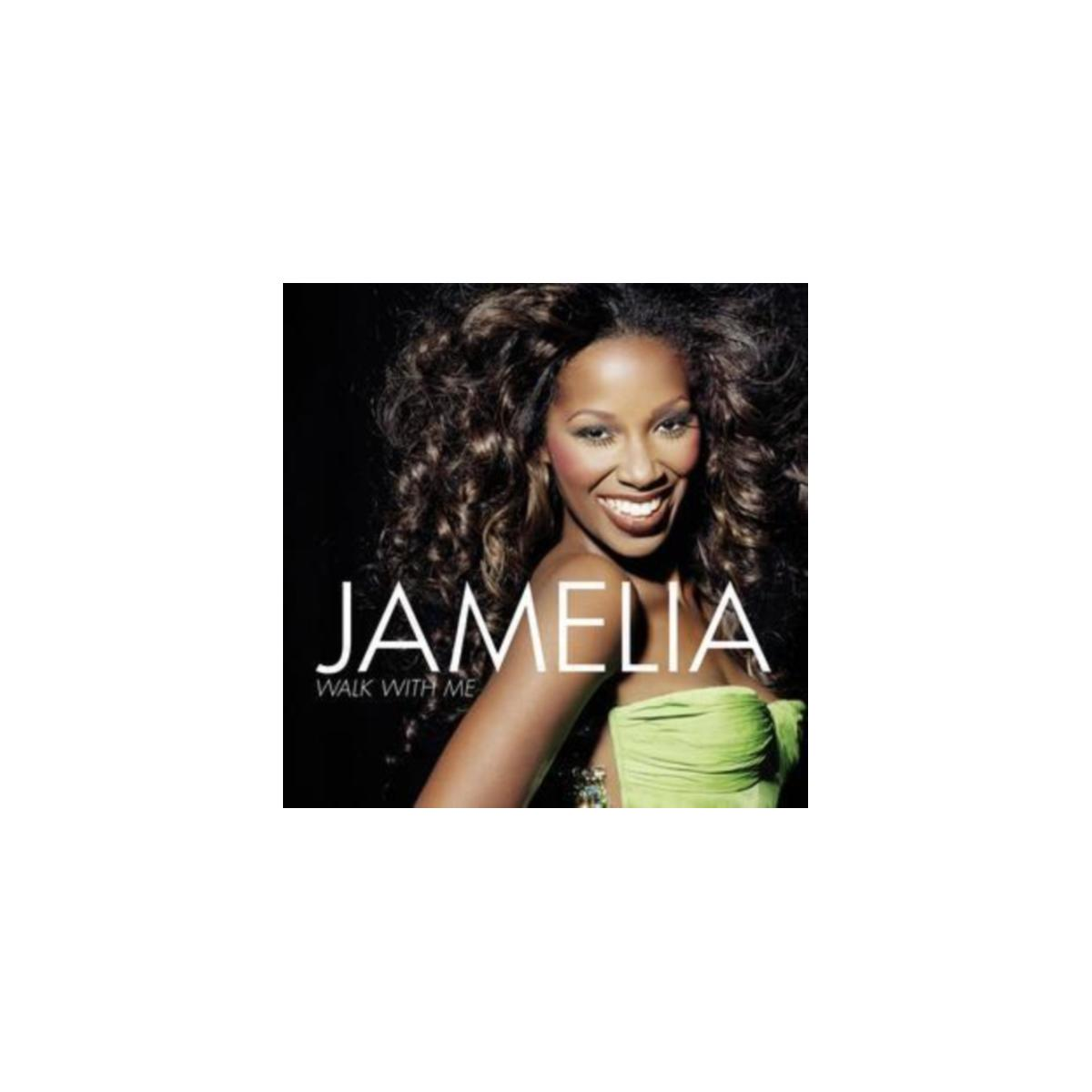 Pochette de l'album de Jamelia 'Walk With Me'. Elle sourit, vêtue d'un haut vert.