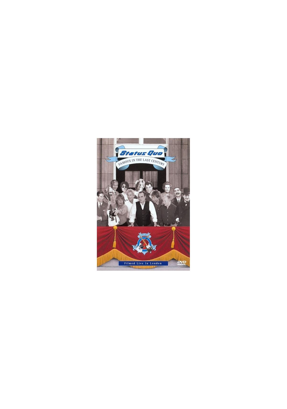 DVD-hoes van een film. Het toont een groep mensen met een banner met de tekst 'Status Quo'.