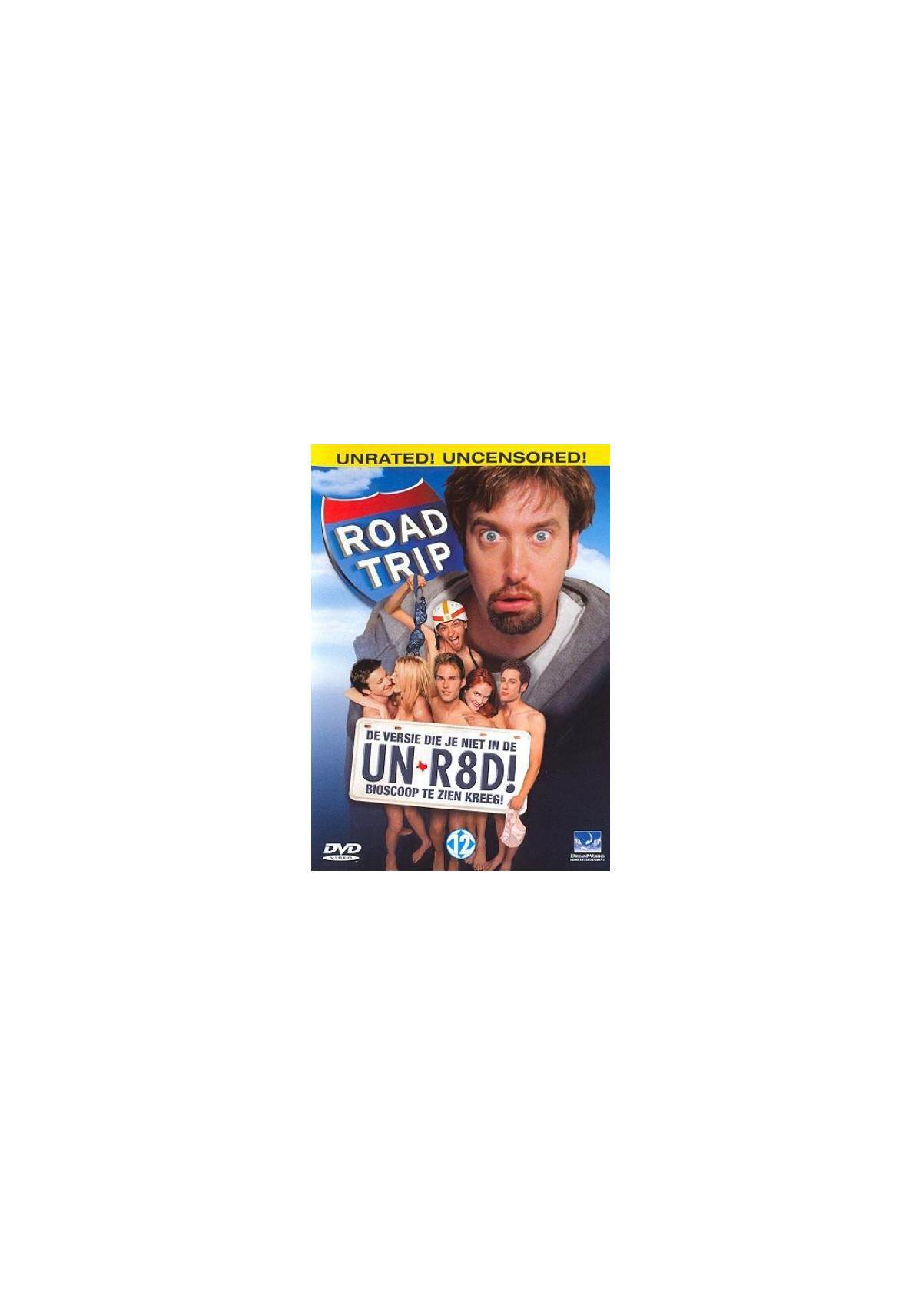 Road Trip filmposter: man met verrast gezicht, tekst en afbeeldingen van mensen met DVD-logo.