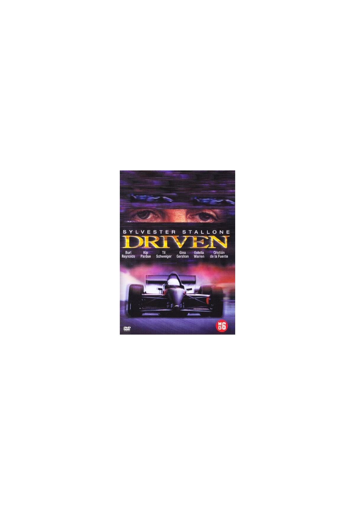 Filmposter voor 'Driven' met focus op de auto. De ogen van Sylvester Stallone zijn zichtbaar.