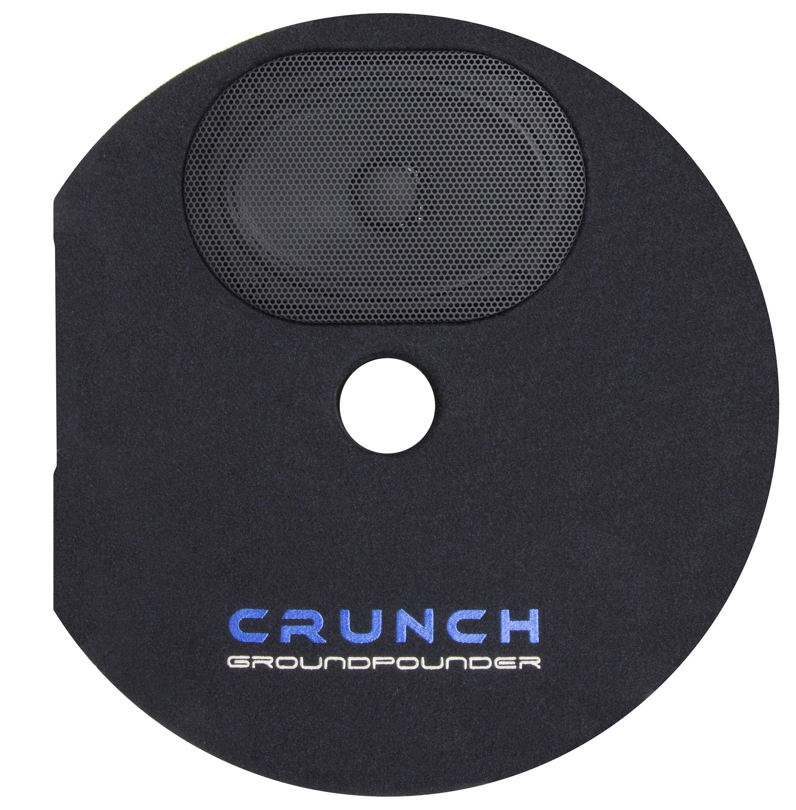 Schwarzer, runder Lautsprecher mit einem Mesh-Gitter oben. Das Wort CRUNCH steht auf dem Lautsprecher.
