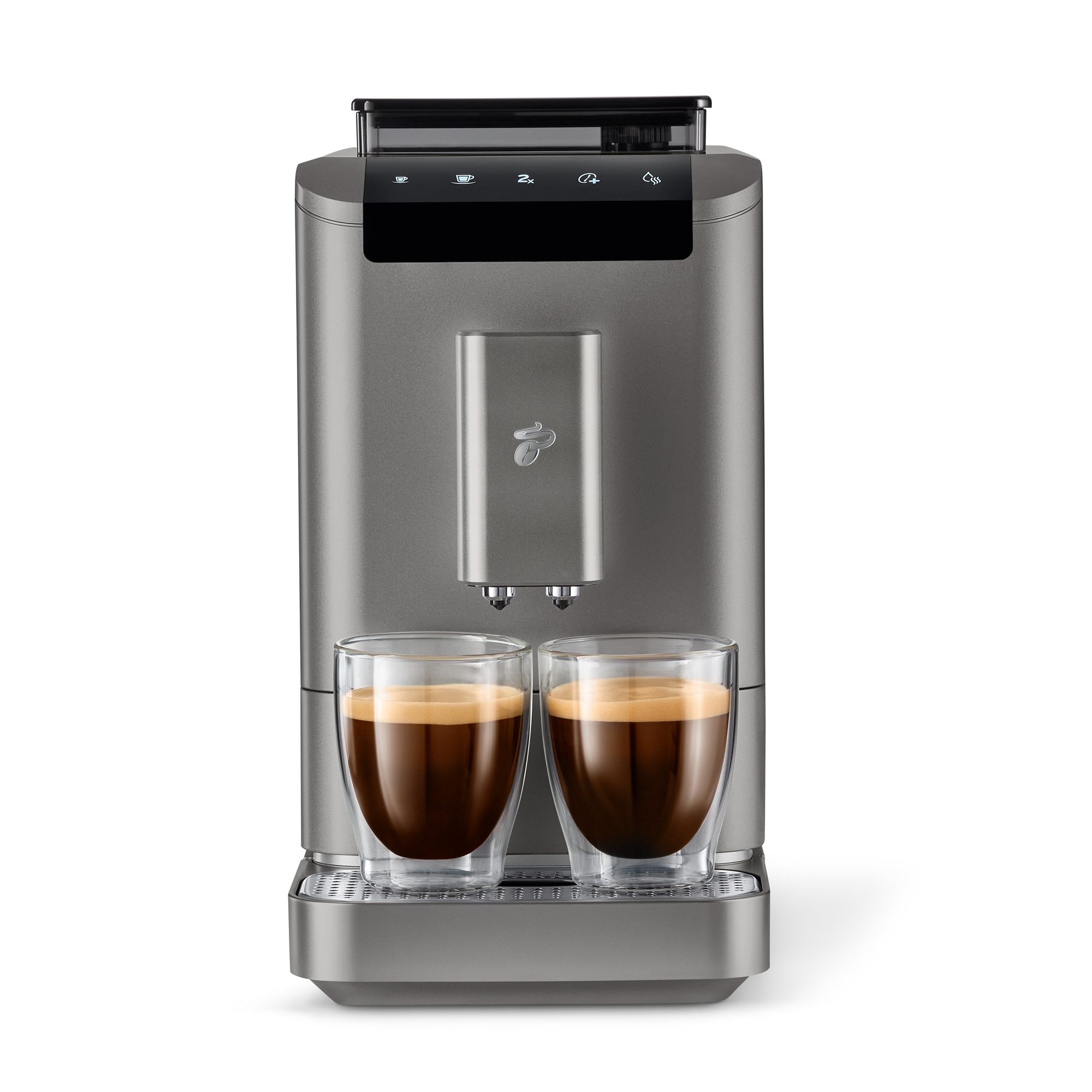 Eine Kaffeemaschine mit zwei klaren Gläsern, die mit Kaffee gefüllt sind.