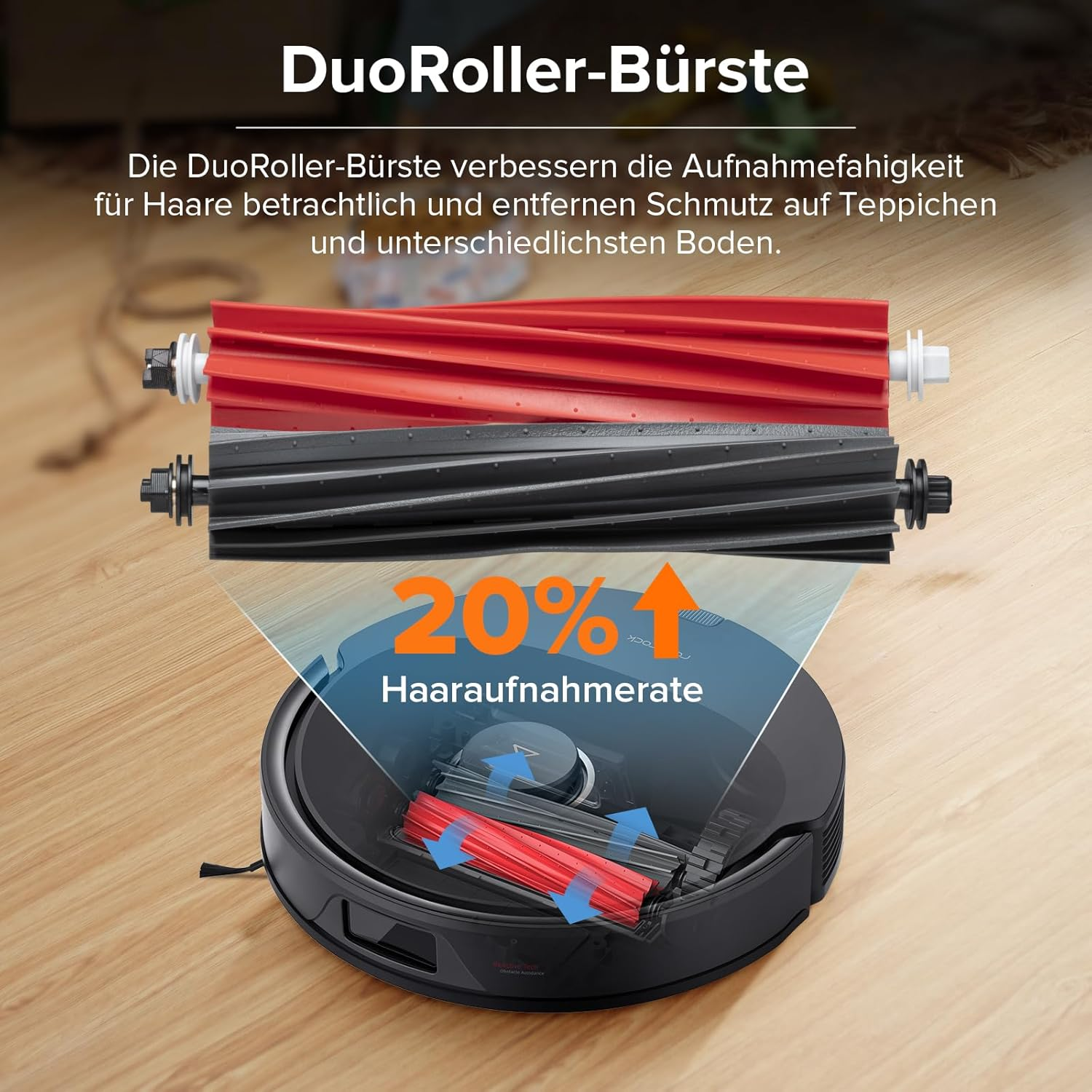 Odkurzacz robot z czerwonym i czarnym wałkiem oraz tekstem o zbieraniu włosów.