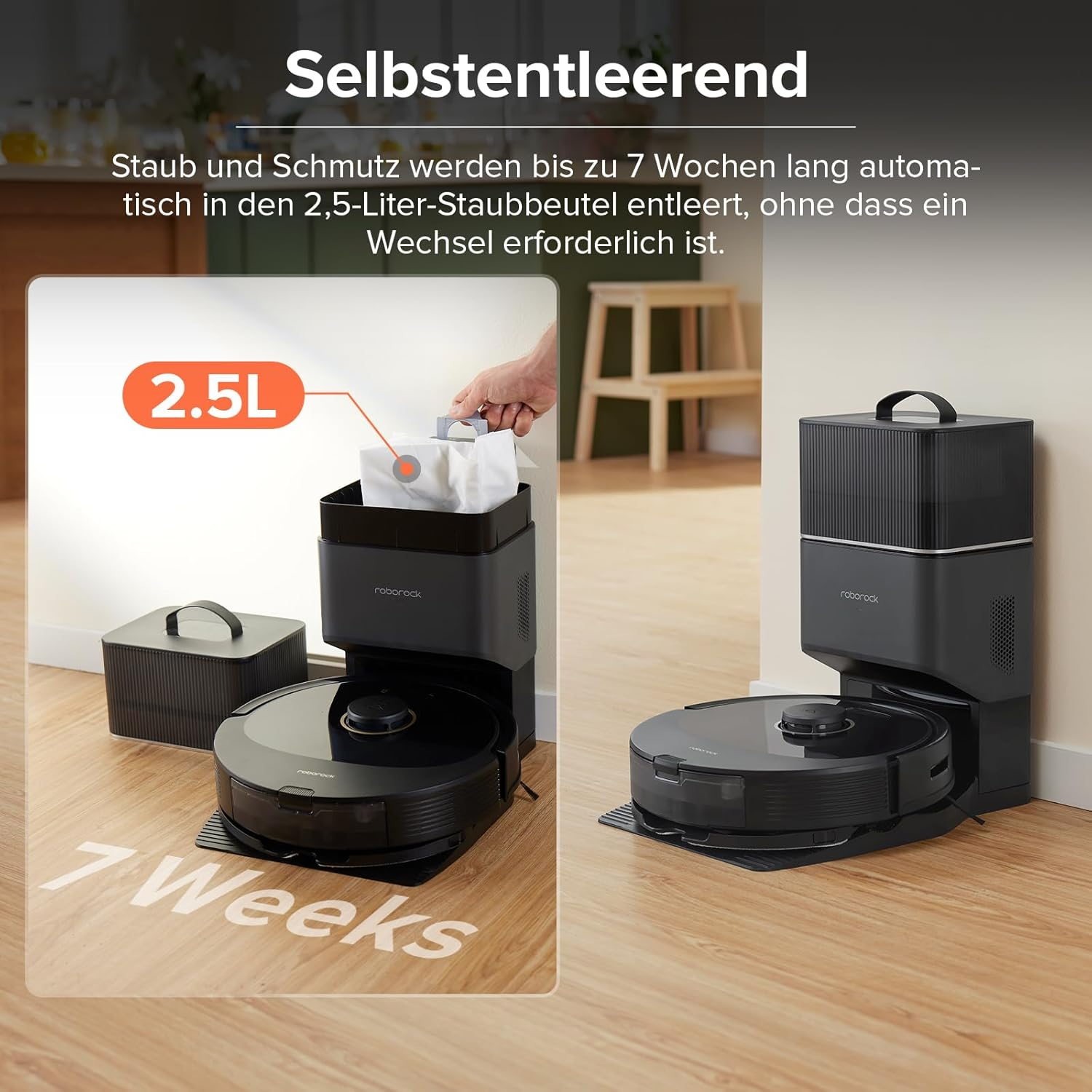 Robot odkurzający ze stacją ładującą. Tekst wskazuje na funkcję samoczyszczenia do 7 tygodni.