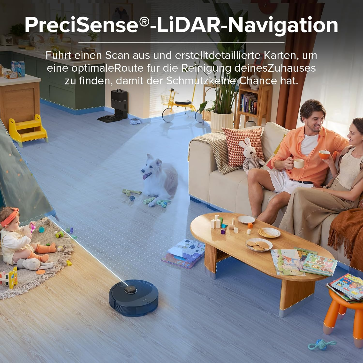 Rodzina w salonie, robot odkurzający sprząta podłogę.