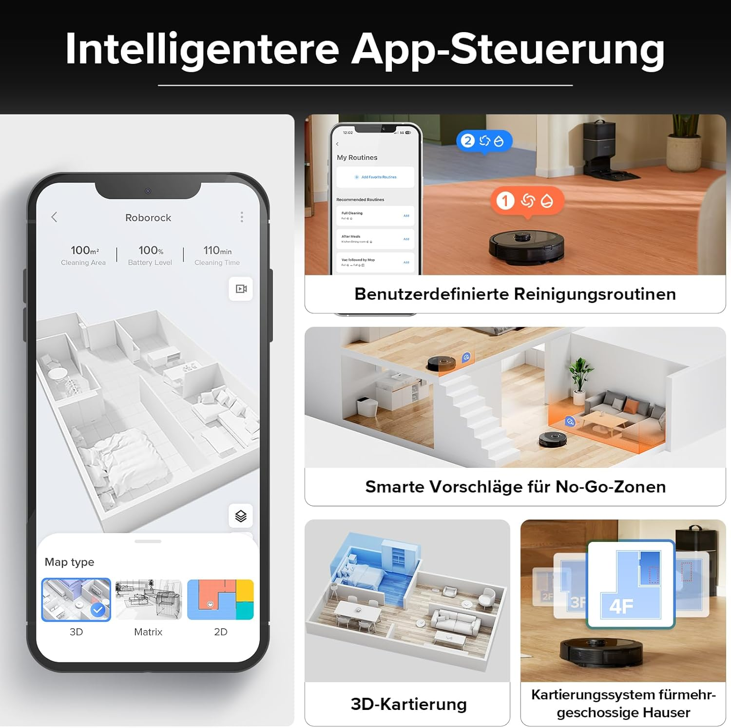 Odkurzacz automatyczny z kontrolą aplikacji i wyświetlaniem planu. Zawiera obszar czyszczenia, poziom baterii i czas czyszczenia.