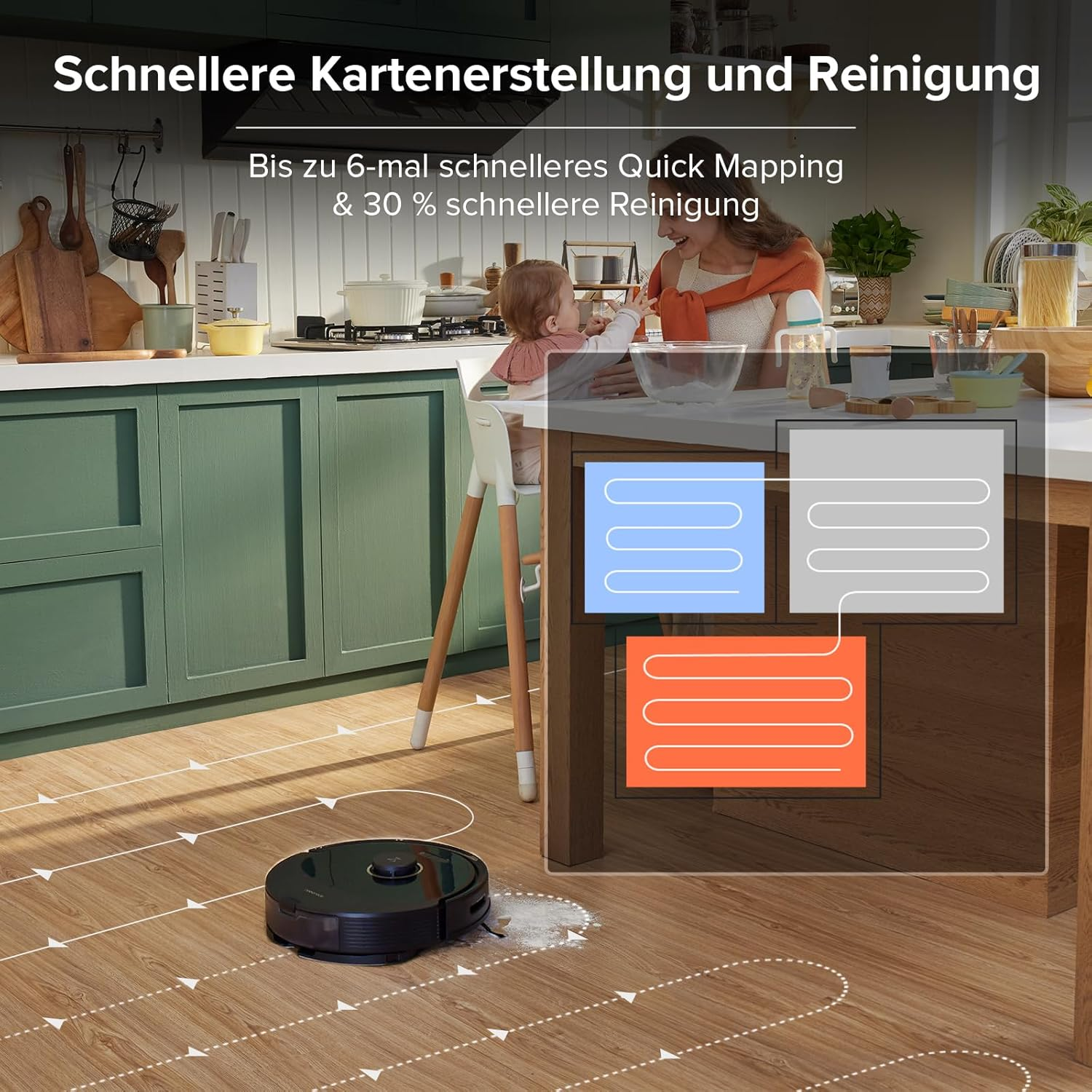 Robot odkurzający sprząta drewnianą podłogę. Dziecko i kobieta w tle.