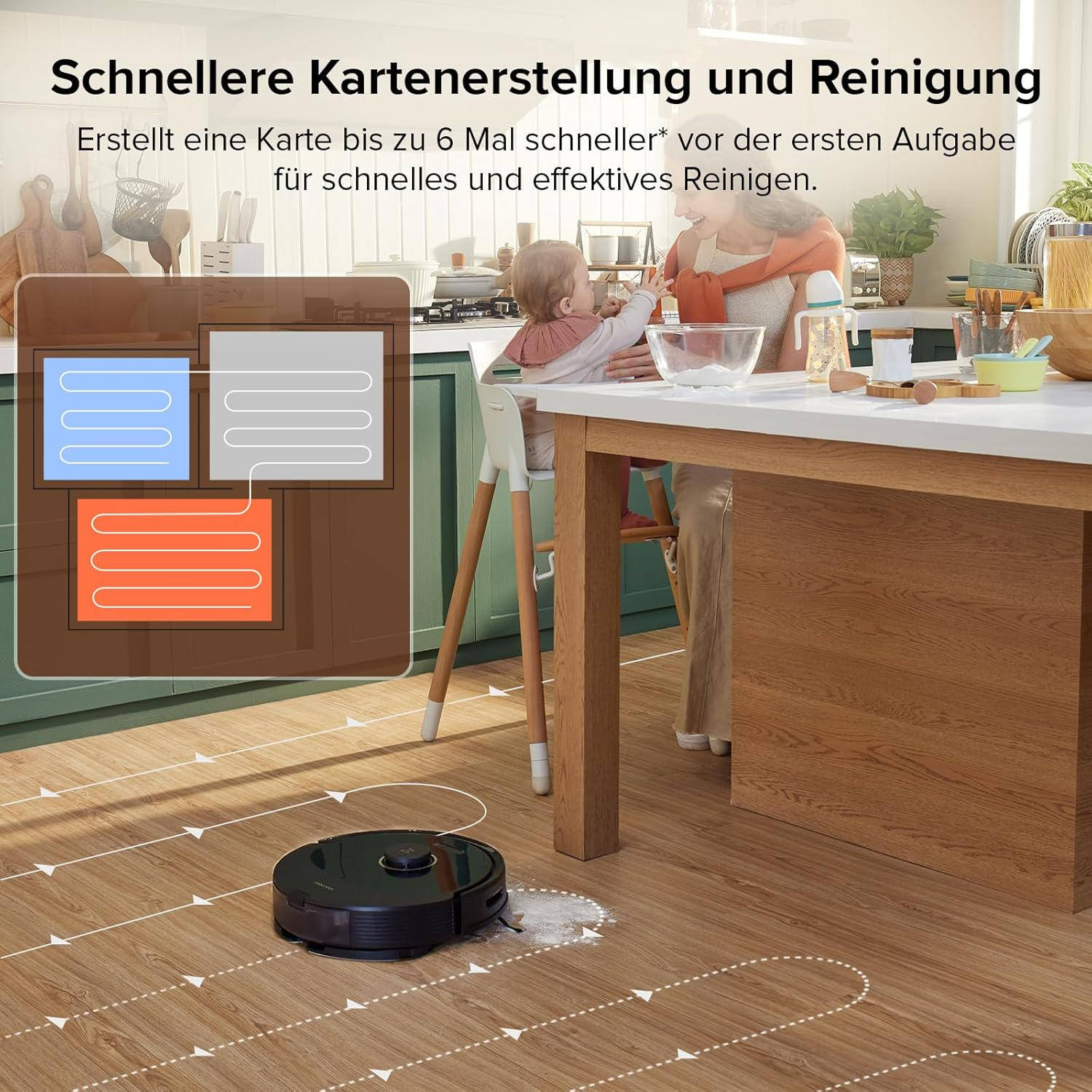 Robot sprzątający odkurza podłogę. Dziecko jest w tle z kobietą.