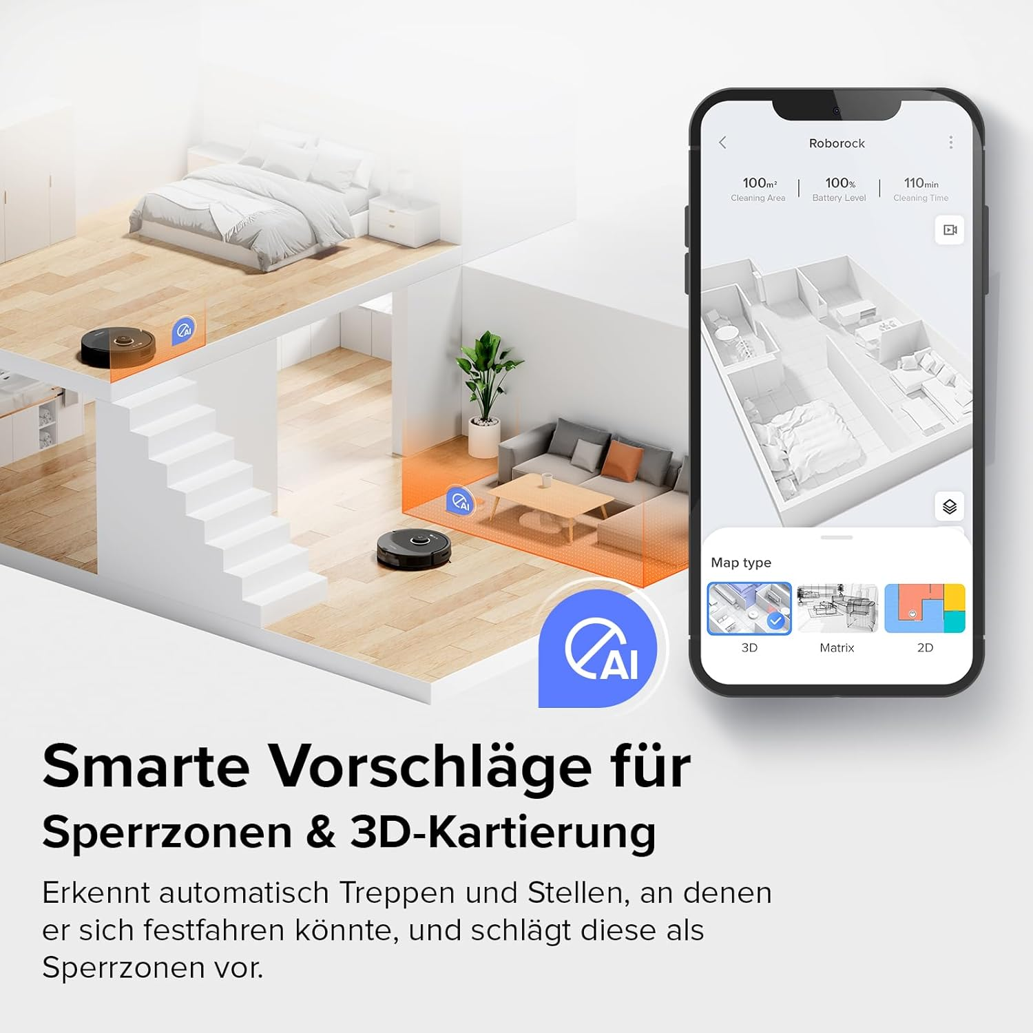 Odkurzacz robot Roborock ze smartfonem, pokazujący plan piętra, tekst po niemiecku.