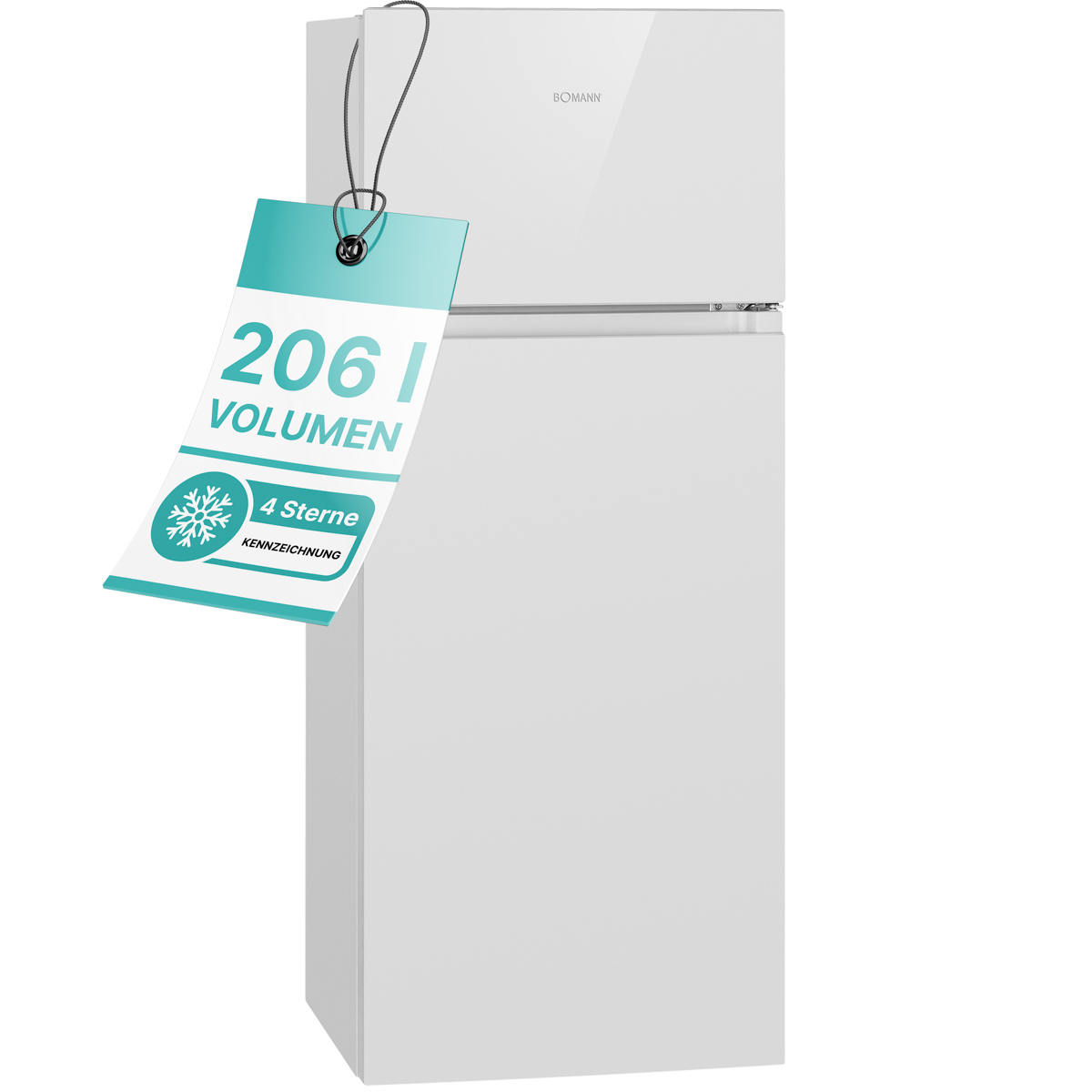 Ein weißer Kühlschrank mit einem Preisschild mit der Aufschrift '206 l Volumen'.