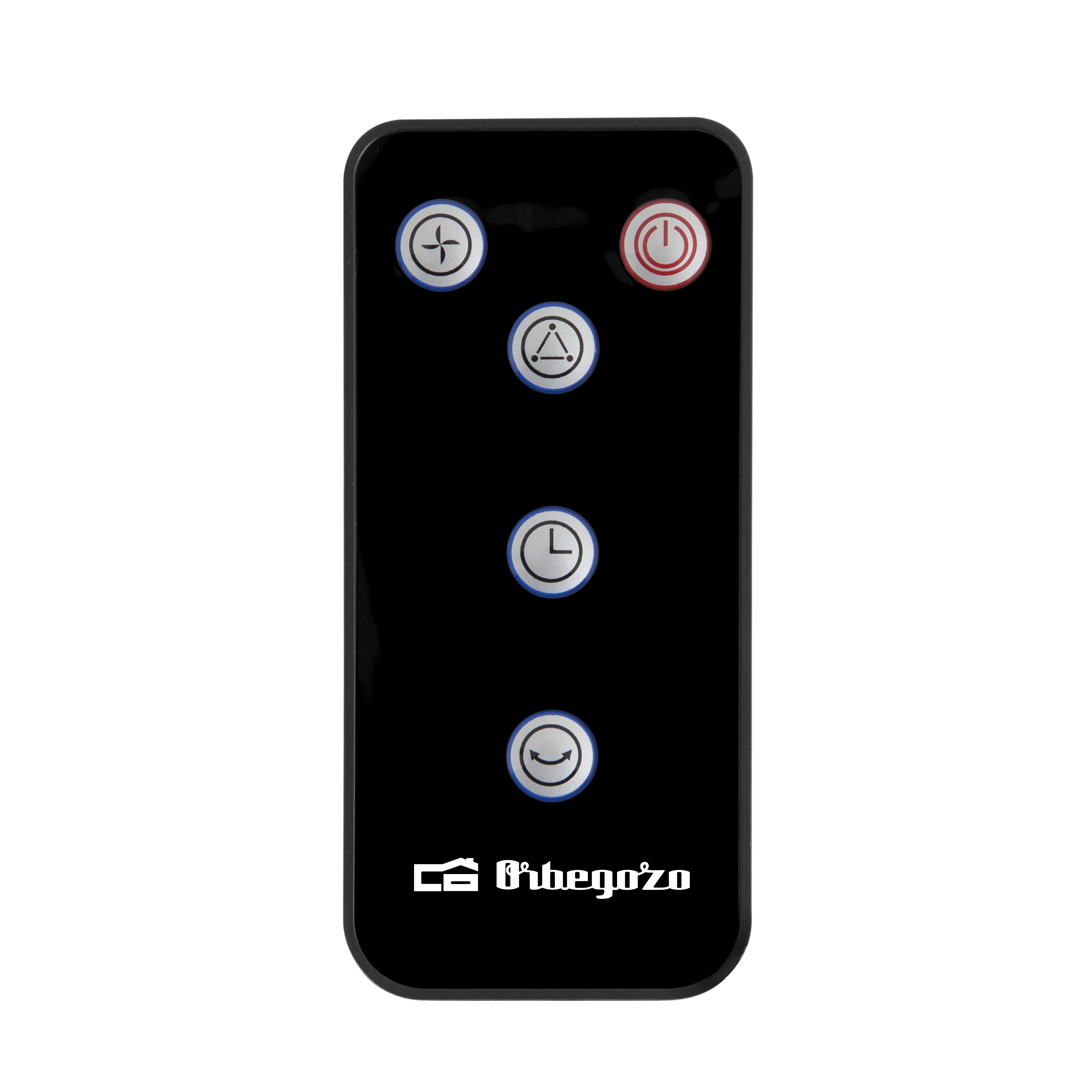 Mando a distancia negro con botones para ventilador, temporizador y funciones.