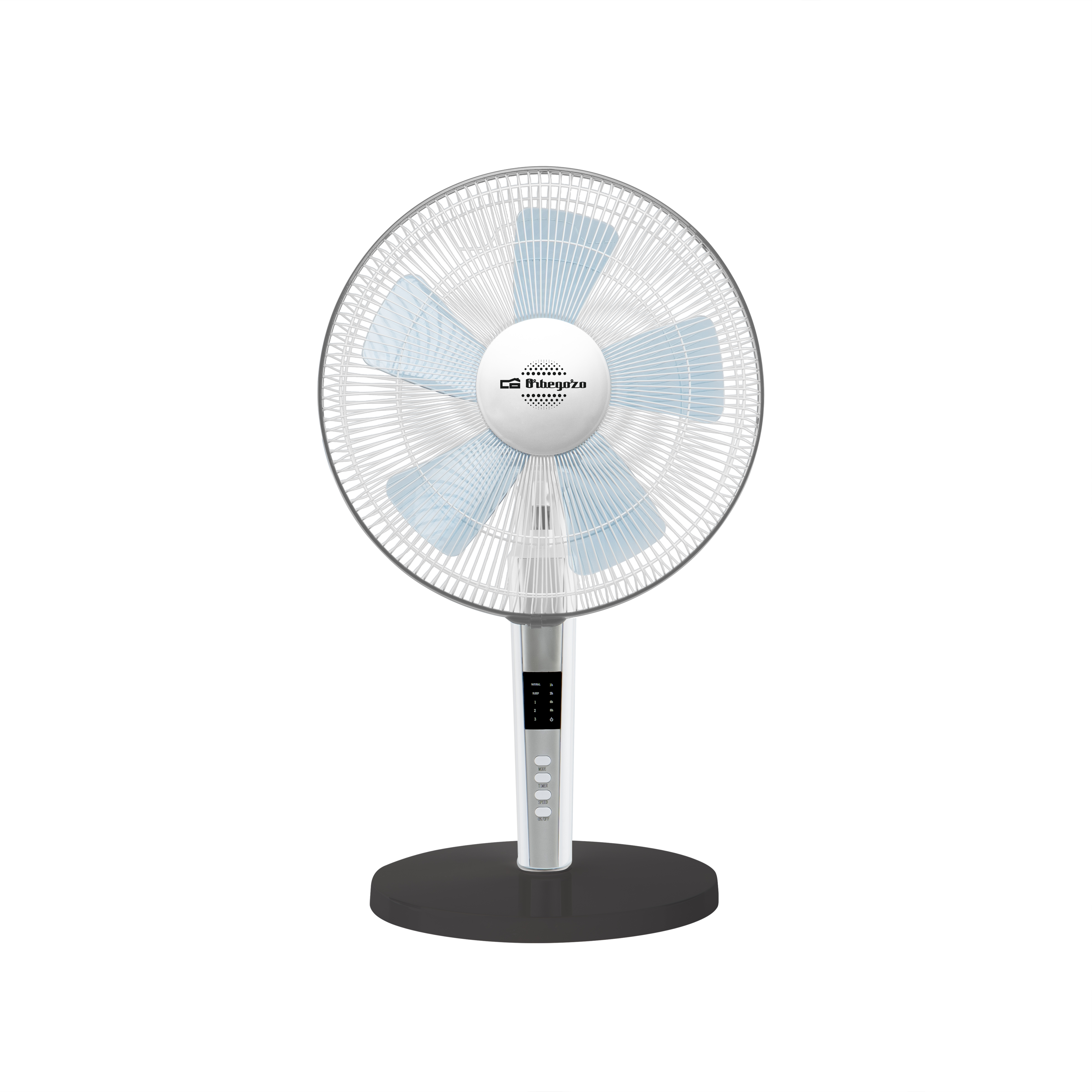 Un ventilador de pie blanco y azul con pantalla digital y base.
