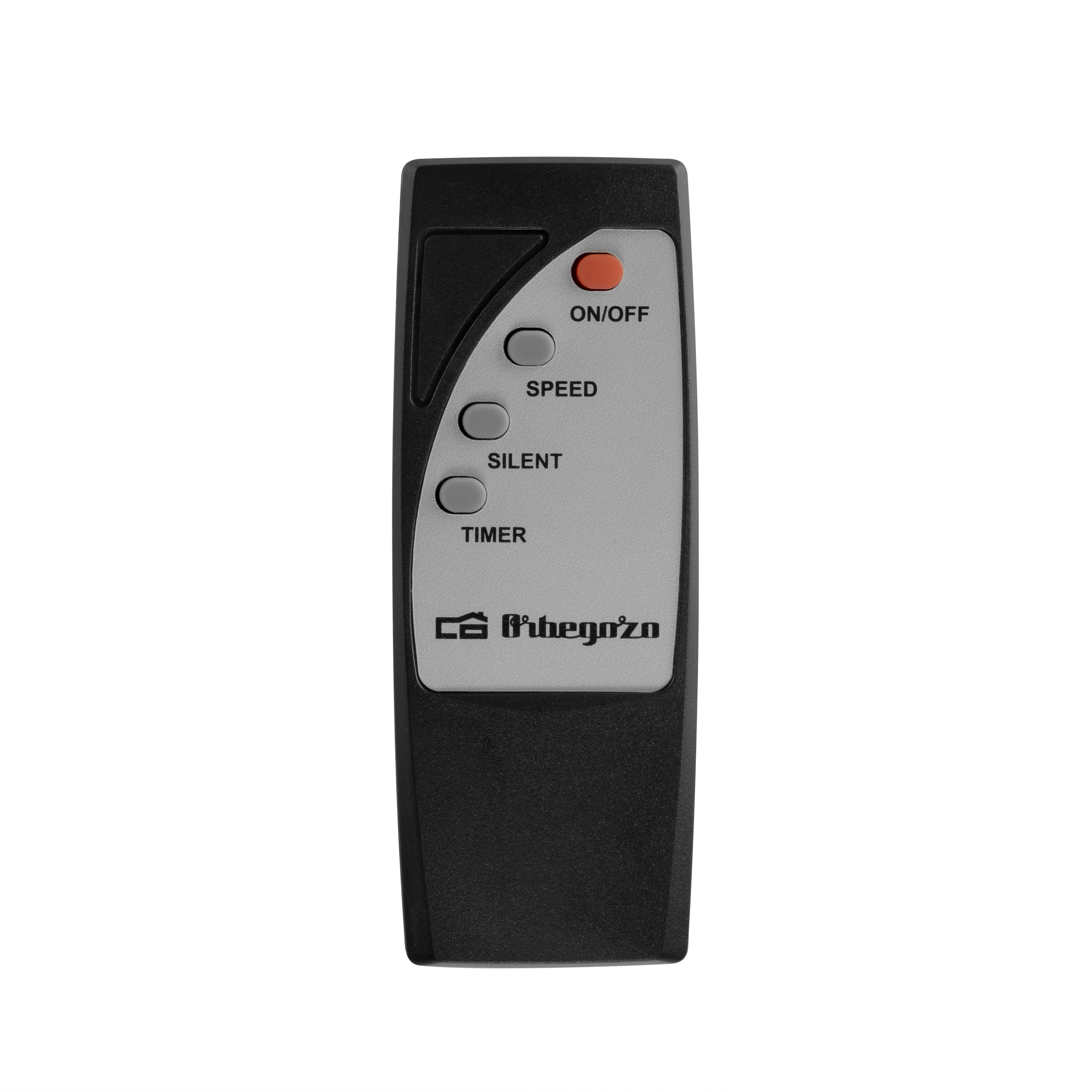 Mando a distancia negro con botones grises etiquetados ON/OFF, SPEED, SILENT y TIMER.