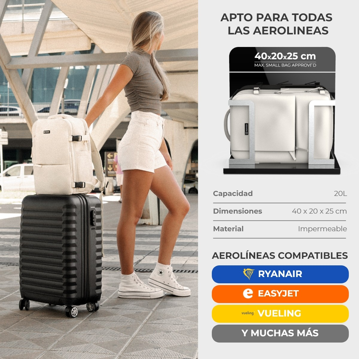 Una mujer y equipaje en un aeropuerto. Maletas, texto promocionando la compatibilidad con aerolíneas, bolsas blancas y negras.