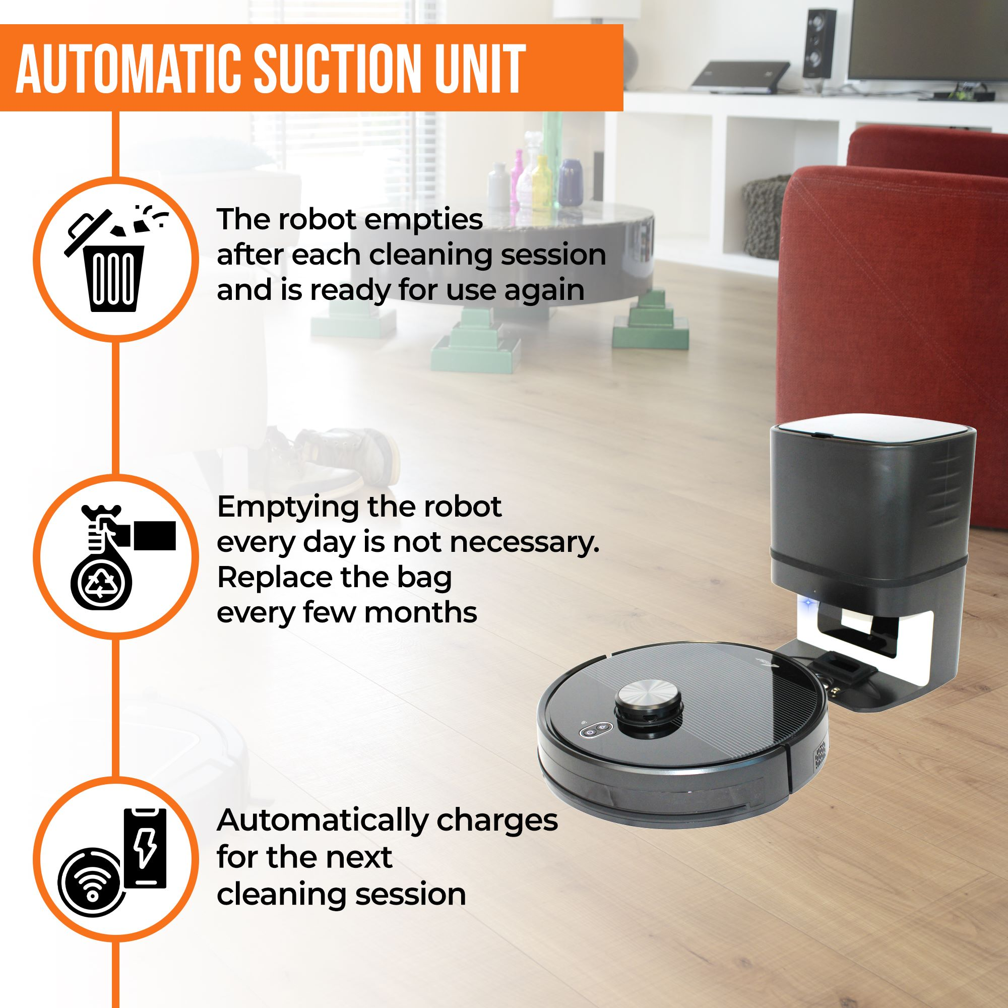 Robot vacuum cleaner and charging station. Shows the cleaning process and automatic charging.