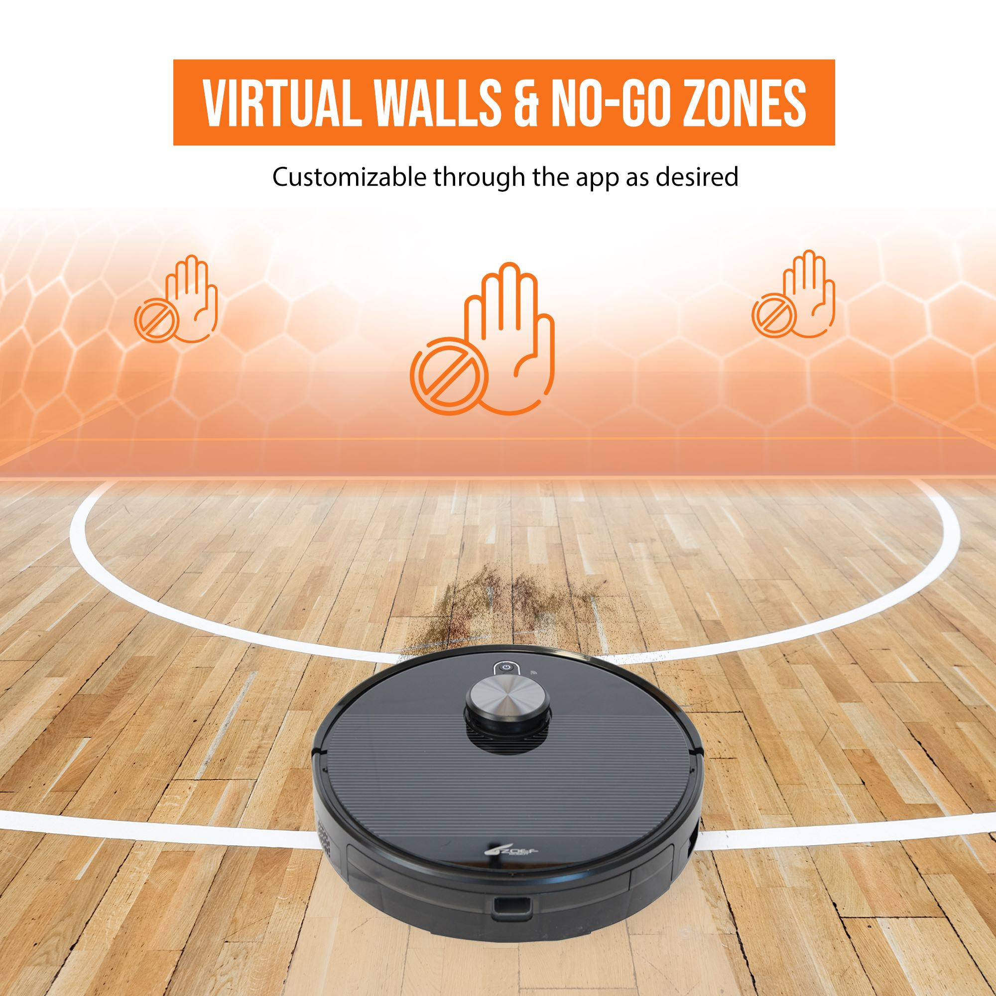 Robot vacuum cleaner on a wooden floor. Text reads: Virtual Walls & No-Go Zones.