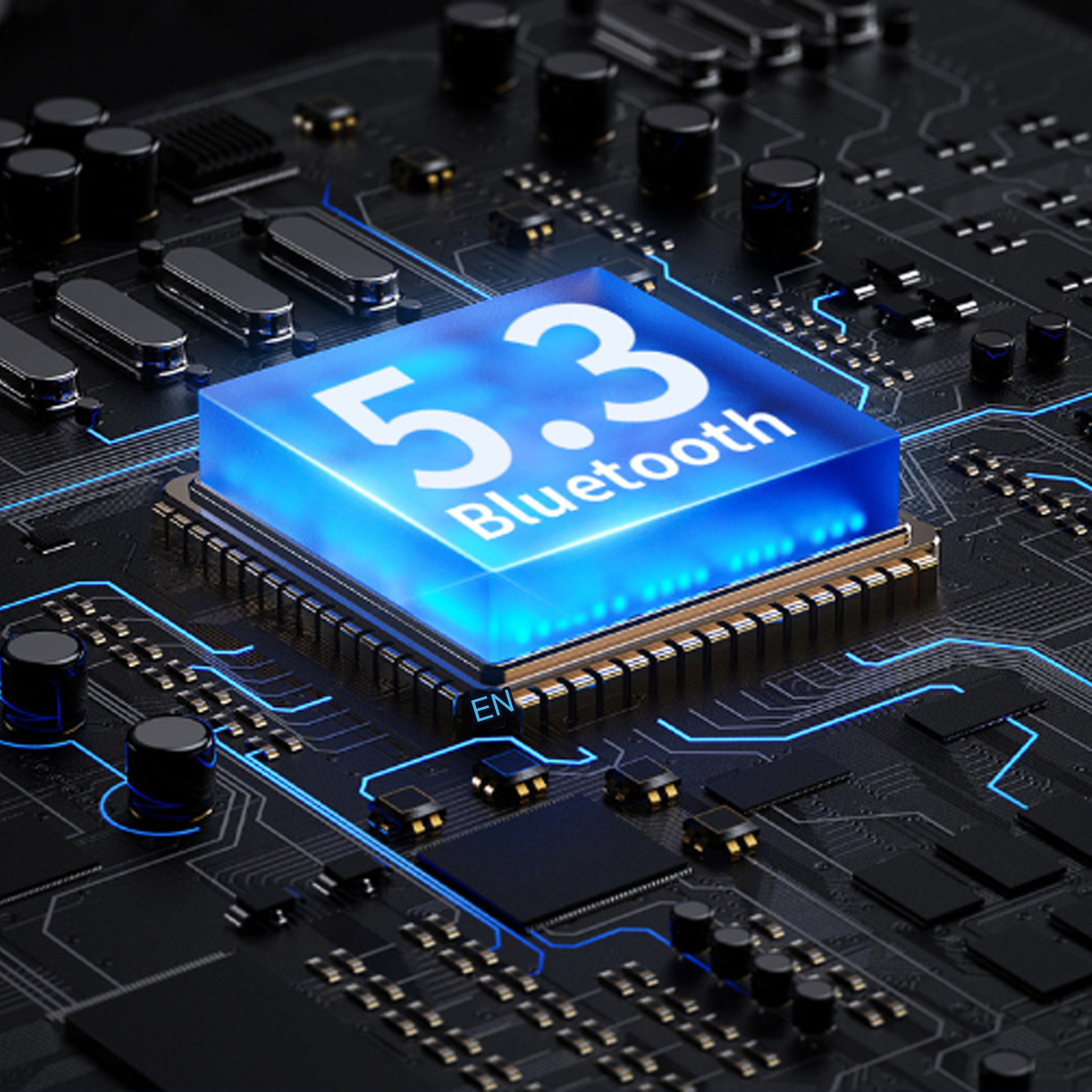 Nahaufnahme eines Mikrochips mit blauem Bluetooth 5.3 Symbol auf schwarzer Leiterplatte.