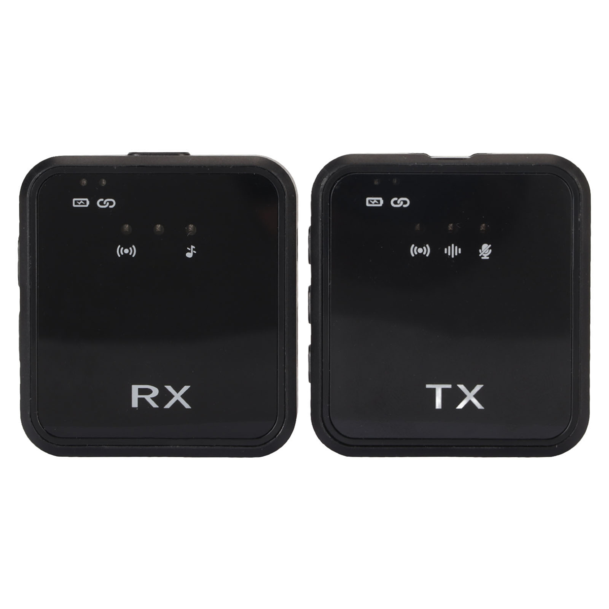 Zwei schwarze drahtlose Mikrofone mit der Bezeichnung RX und TX. RX hat Symbole, TX hat Symbole. Weißer Hintergrund.