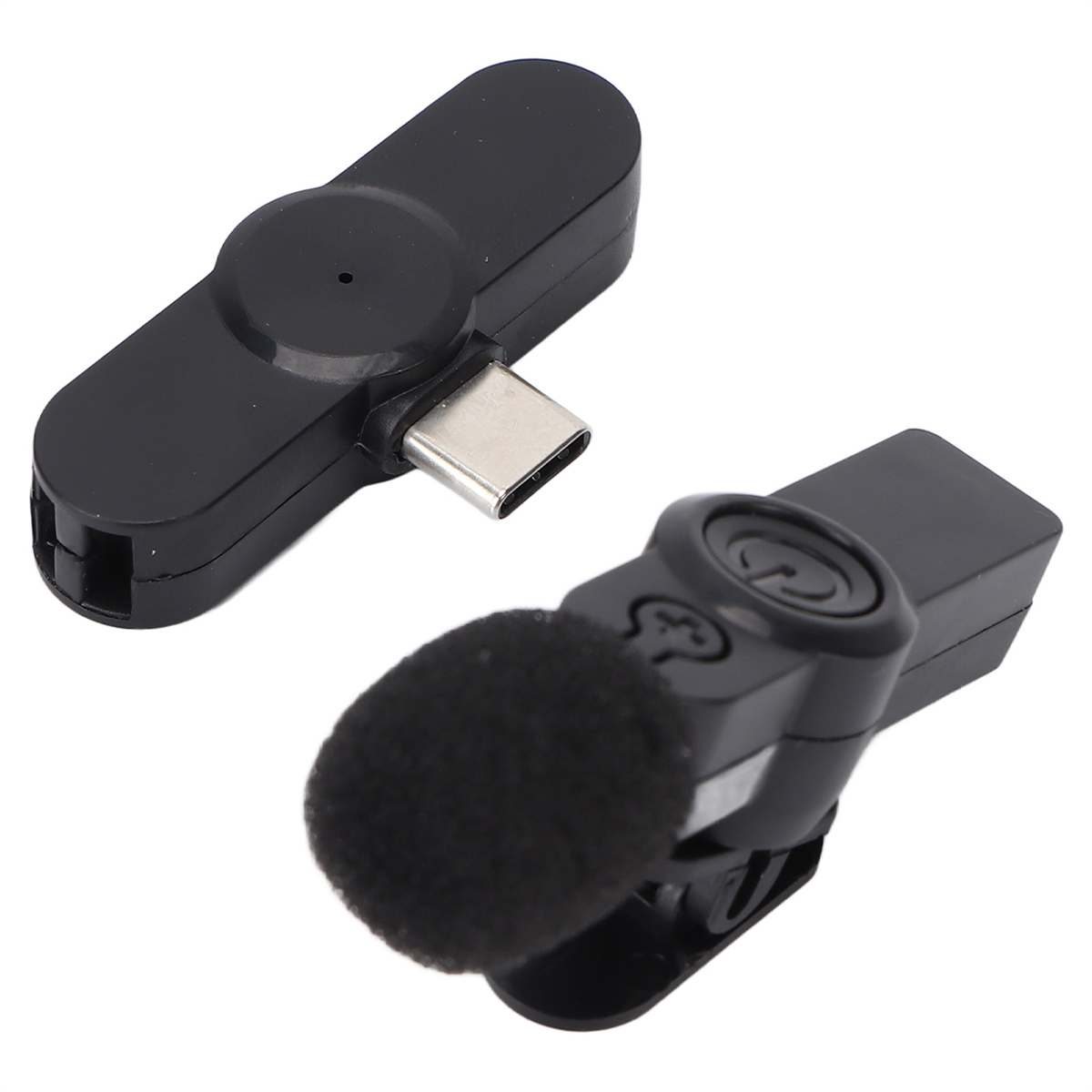Zwei kleine schwarze Mikrofone, eines mit USB-C-Anschluss und eines mit Clip und Mikrofon.