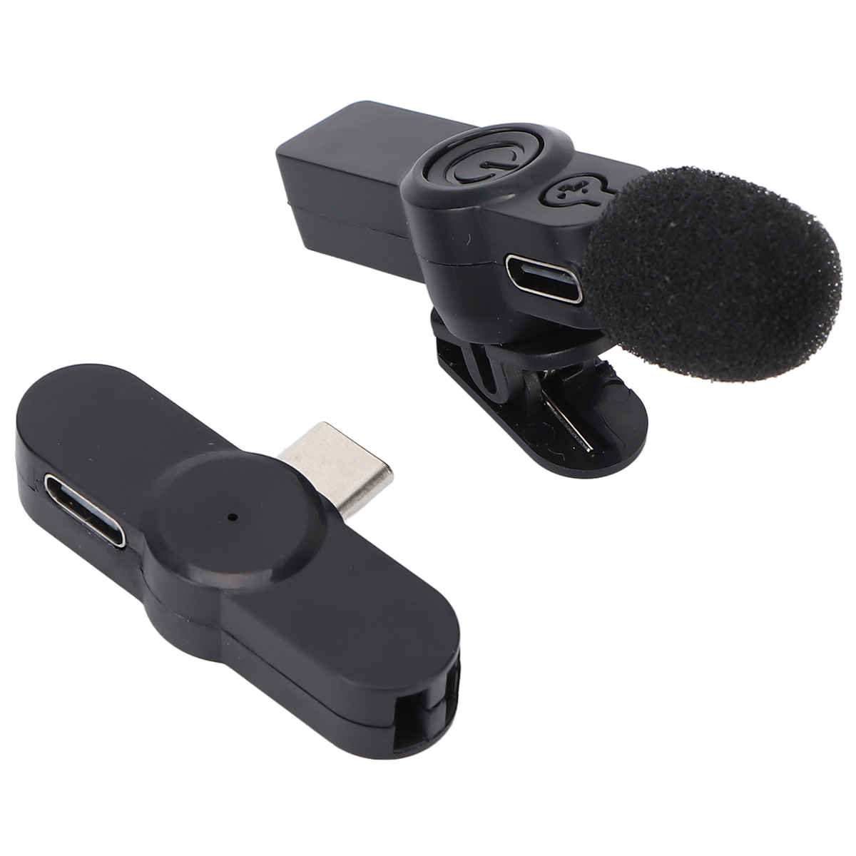 Schwarzes drahtloses Mikrofon mit USB-C-Anschluss. Enthält einen separaten Empfänger.