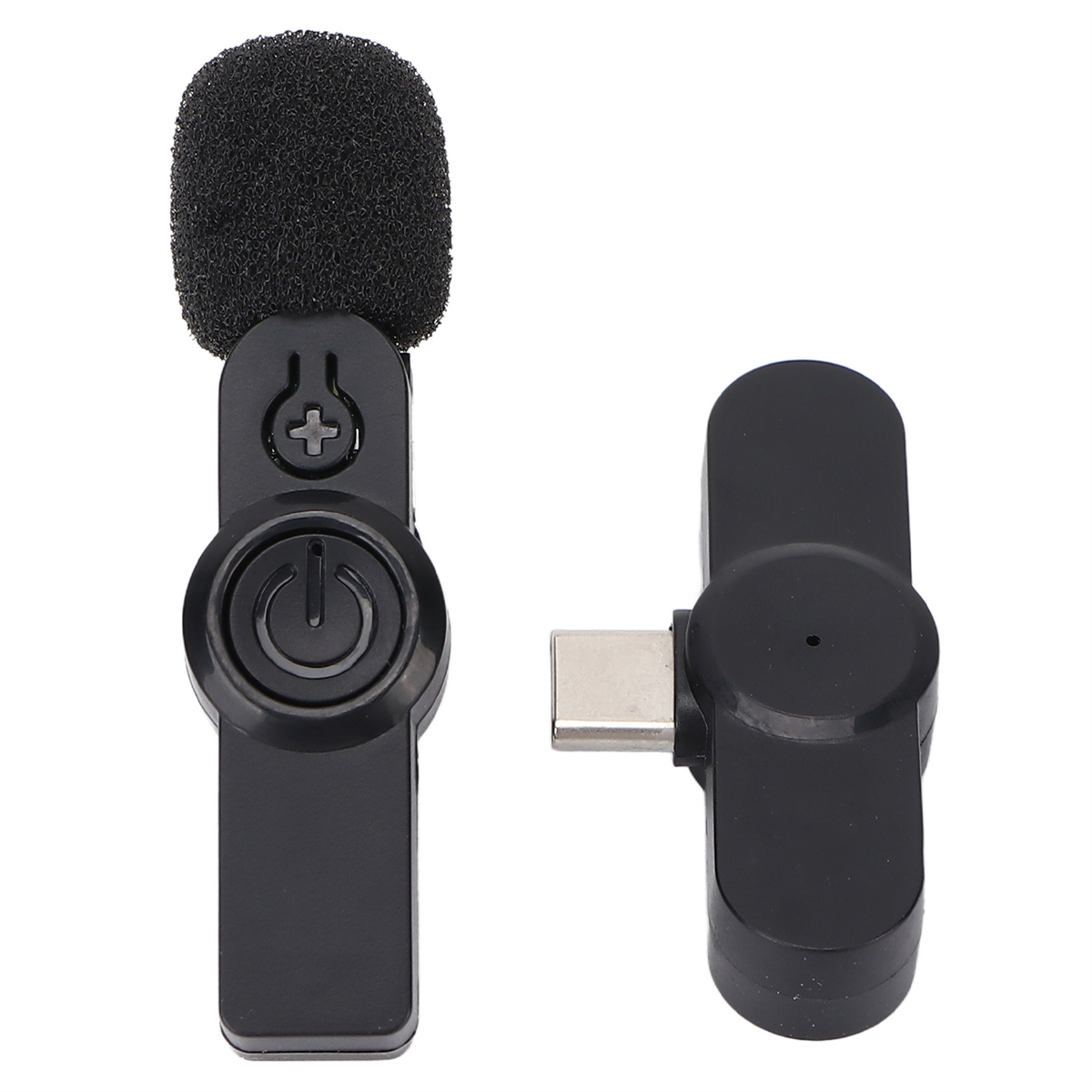 Schwarzes Mikrofon und USB-C-Adapter für ein drahtloses System, auf weißem Hintergrund.